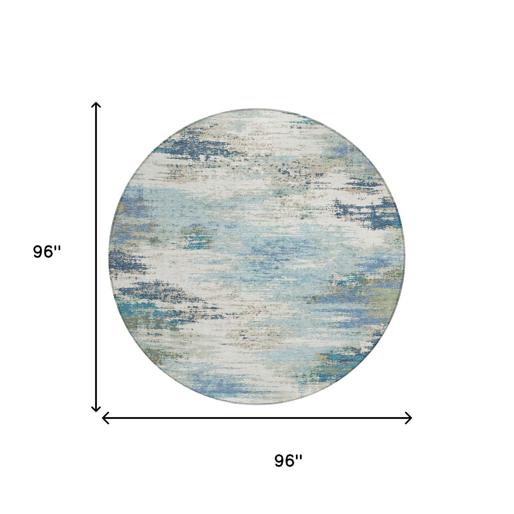 8' Blue And Pewter Round Abstract Washable Indoor Outdoor Area Rug Homeroots Outdoor