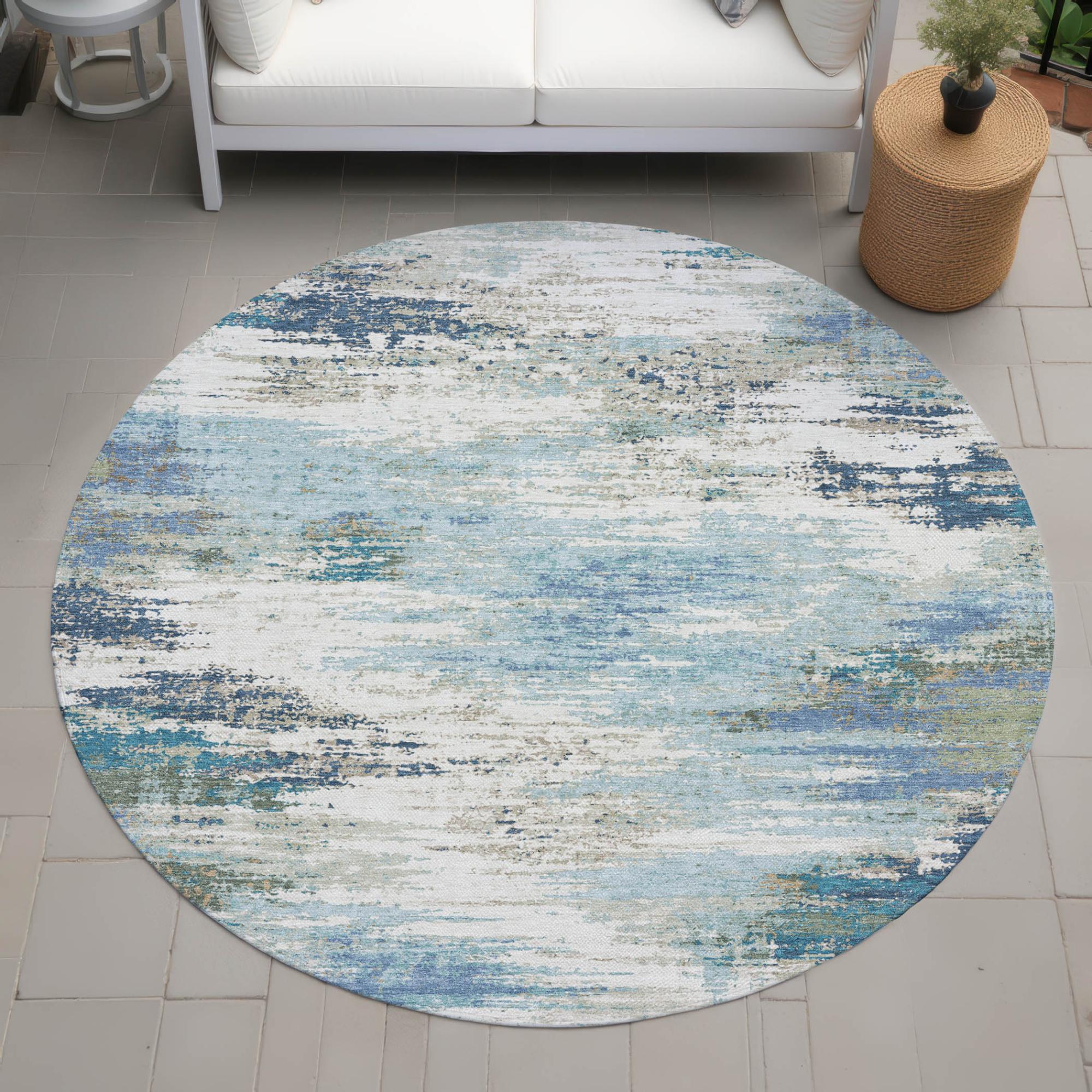 8' Blue And Pewter Round Abstract Washable Indoor Outdoor Area Rug Homeroots Outdoor