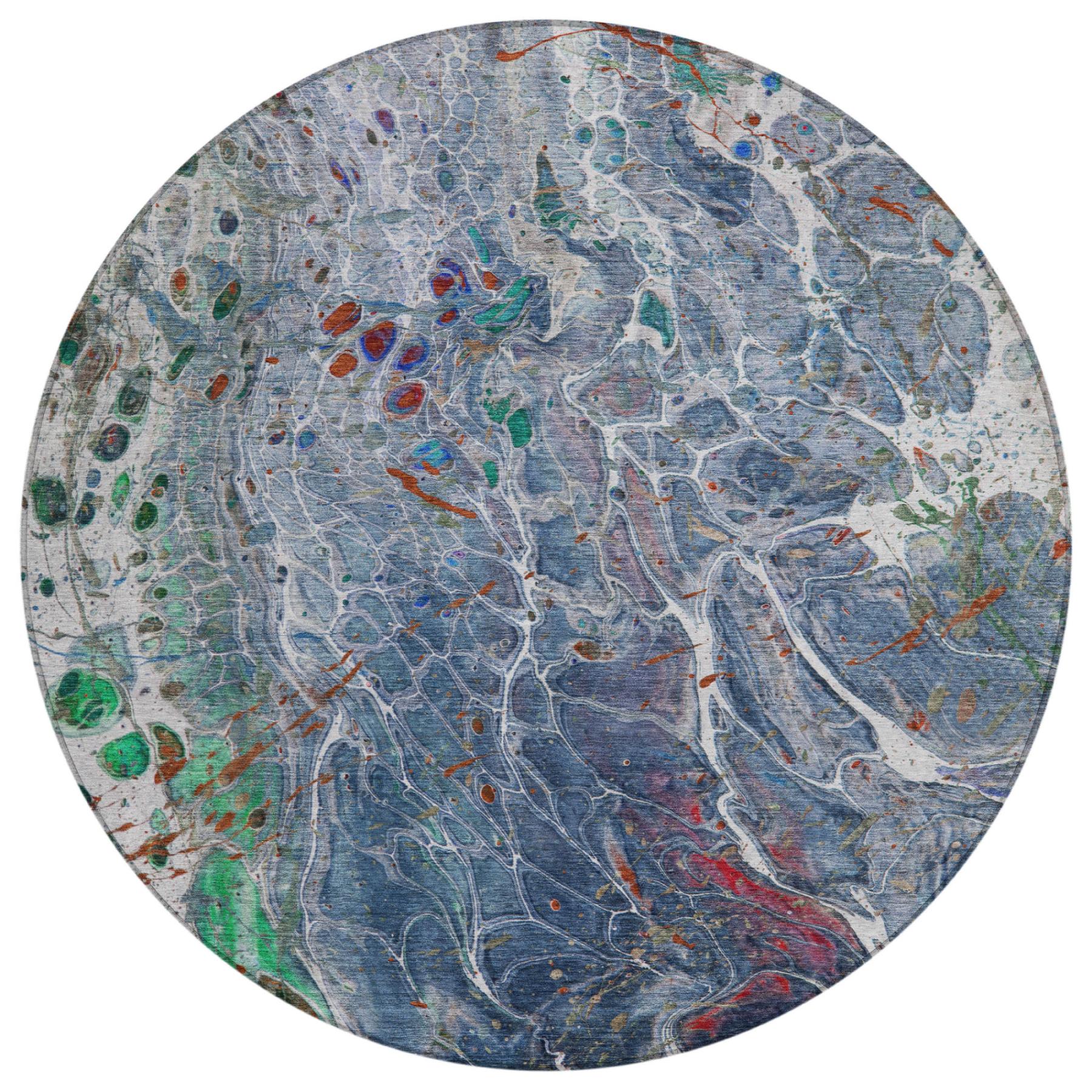 8' Blue And Pewter Round Abstract Washable Indoor Outdoor Area Rug Homeroots Outdoor