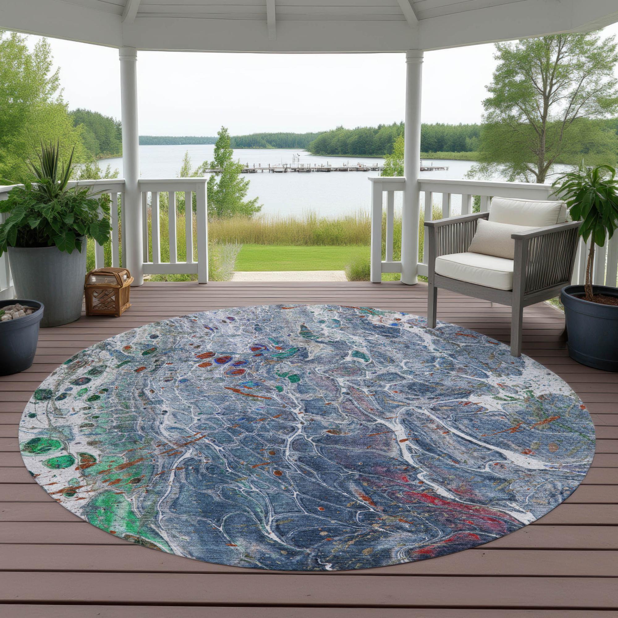 8' Blue And Pewter Round Abstract Washable Indoor Outdoor Area Rug Homeroots Outdoor