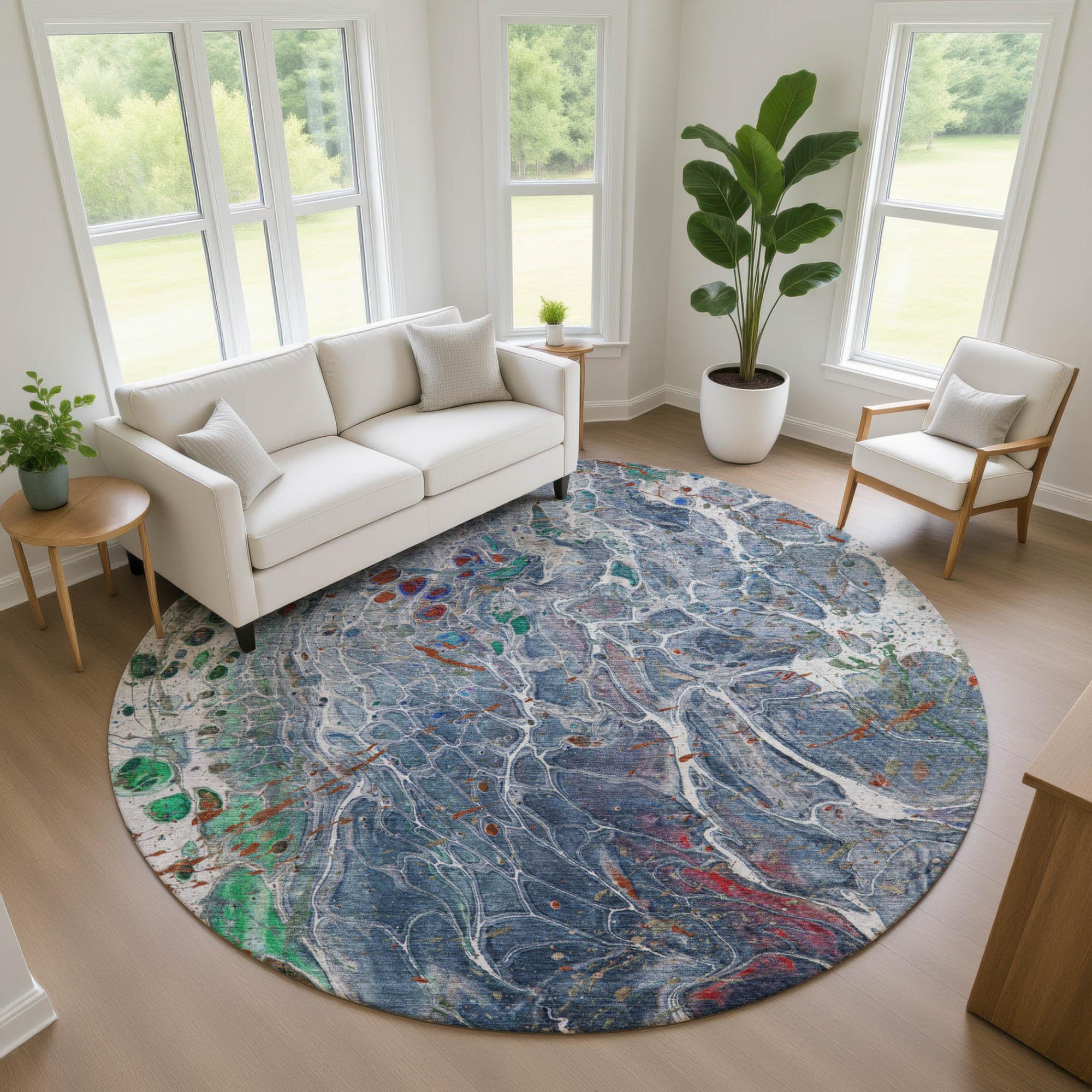 8' Blue And Pewter Round Abstract Washable Indoor Outdoor Area Rug Homeroots Outdoor