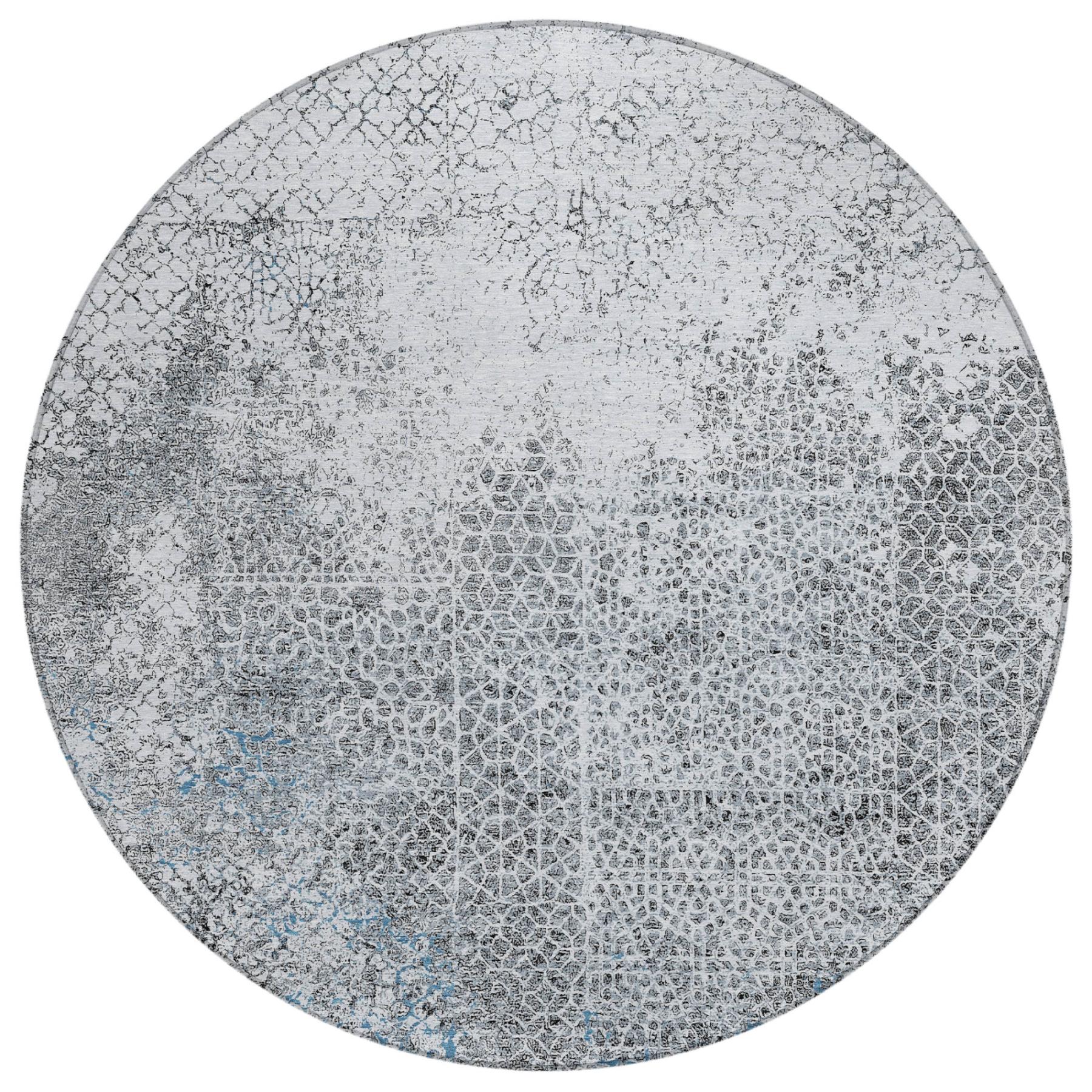 8' Blue And Pewter Round Abstract Washable Indoor Outdoor Area Rug Homeroots Outdoor