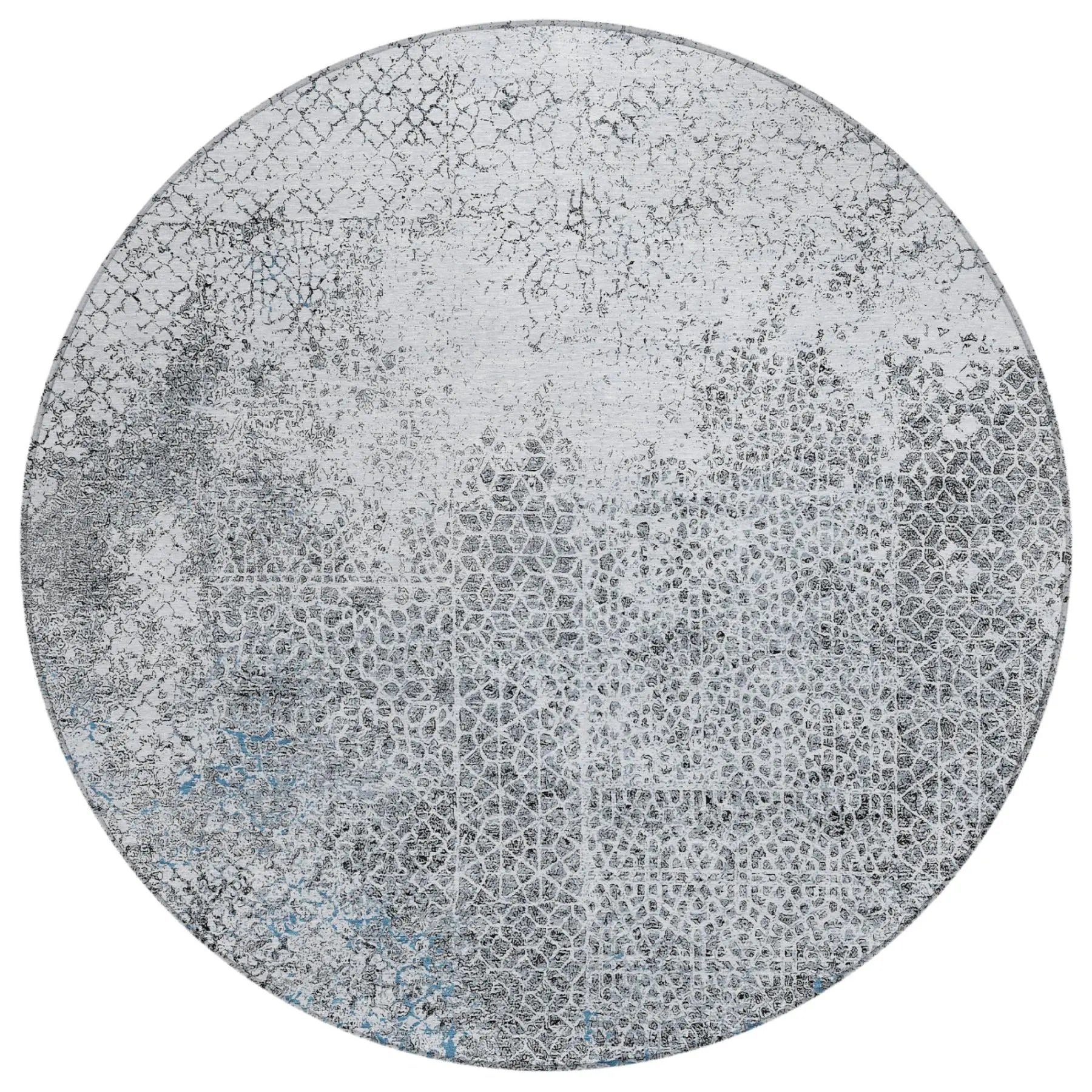 8' Blue And Pewter Round Abstract Washable Indoor Outdoor Area Rug Homeroots Outdoor