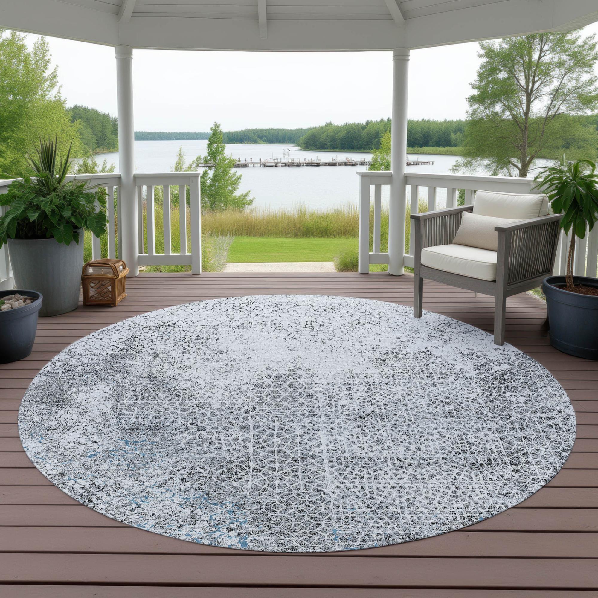 8' Blue And Pewter Round Abstract Washable Indoor Outdoor Area Rug Homeroots Outdoor