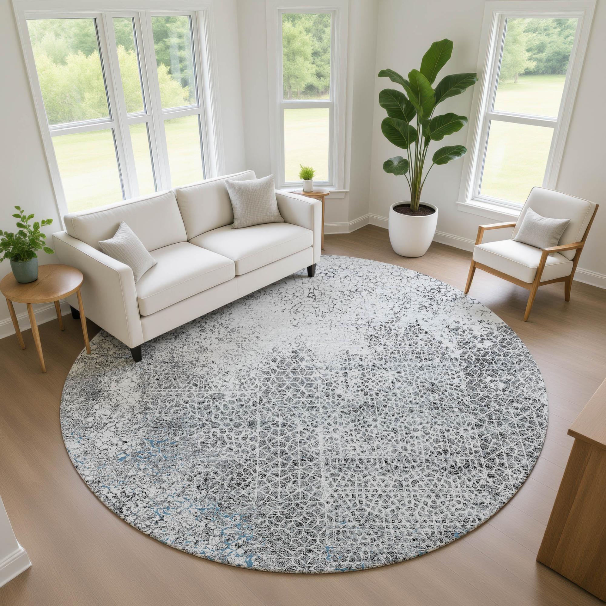 8' Blue And Pewter Round Abstract Washable Indoor Outdoor Area Rug Homeroots Outdoor