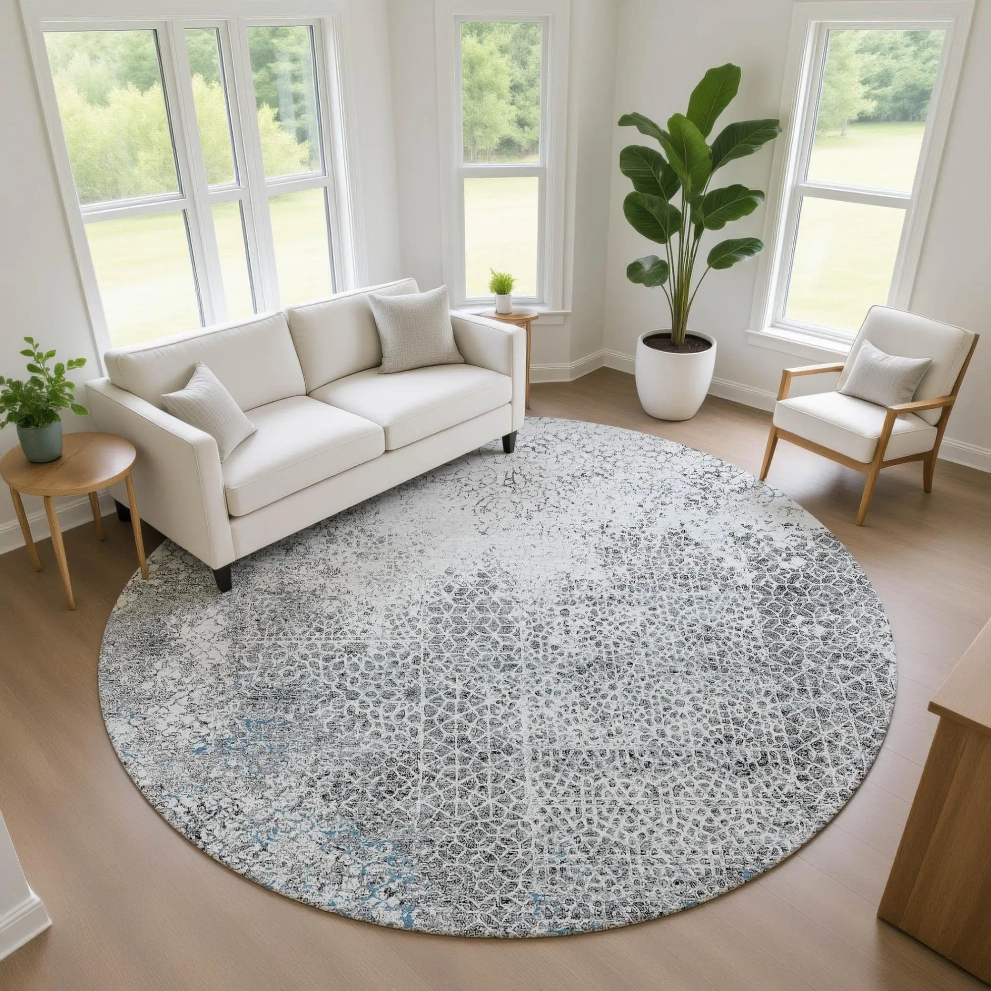 8' Blue And Pewter Round Abstract Washable Indoor Outdoor Area Rug Homeroots Outdoor