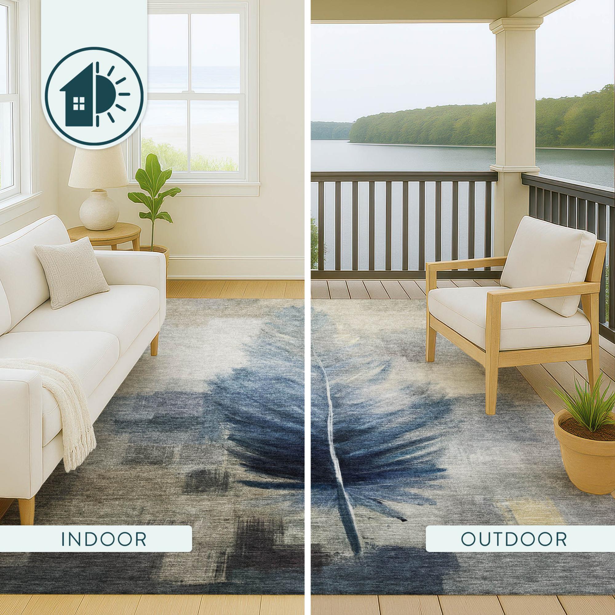 8' Blue And Pewter Round Botanical Leaves Washable Indoor Outdoor Area Rug Homeroots Outdoor