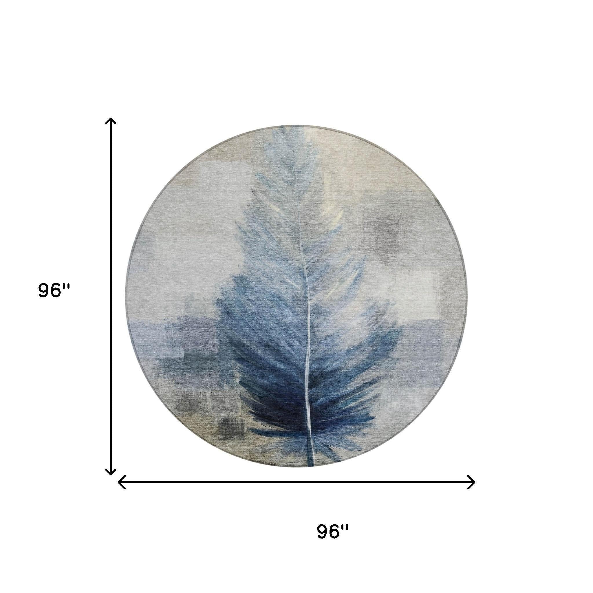 8' Blue And Pewter Round Botanical Leaves Washable Indoor Outdoor Area Rug Homeroots Outdoor
