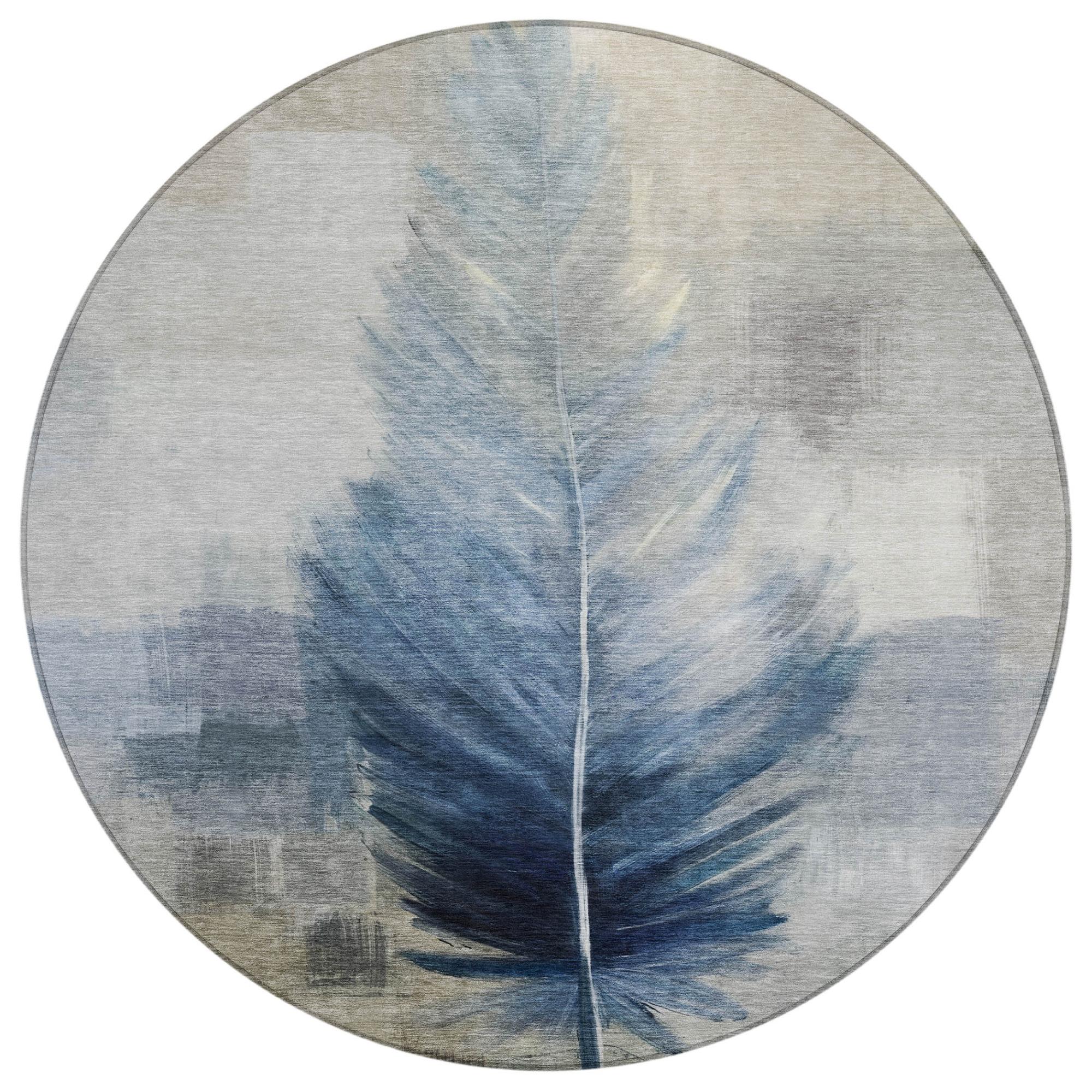 8' Blue And Pewter Round Botanical Leaves Washable Indoor Outdoor Area Rug Homeroots Outdoor