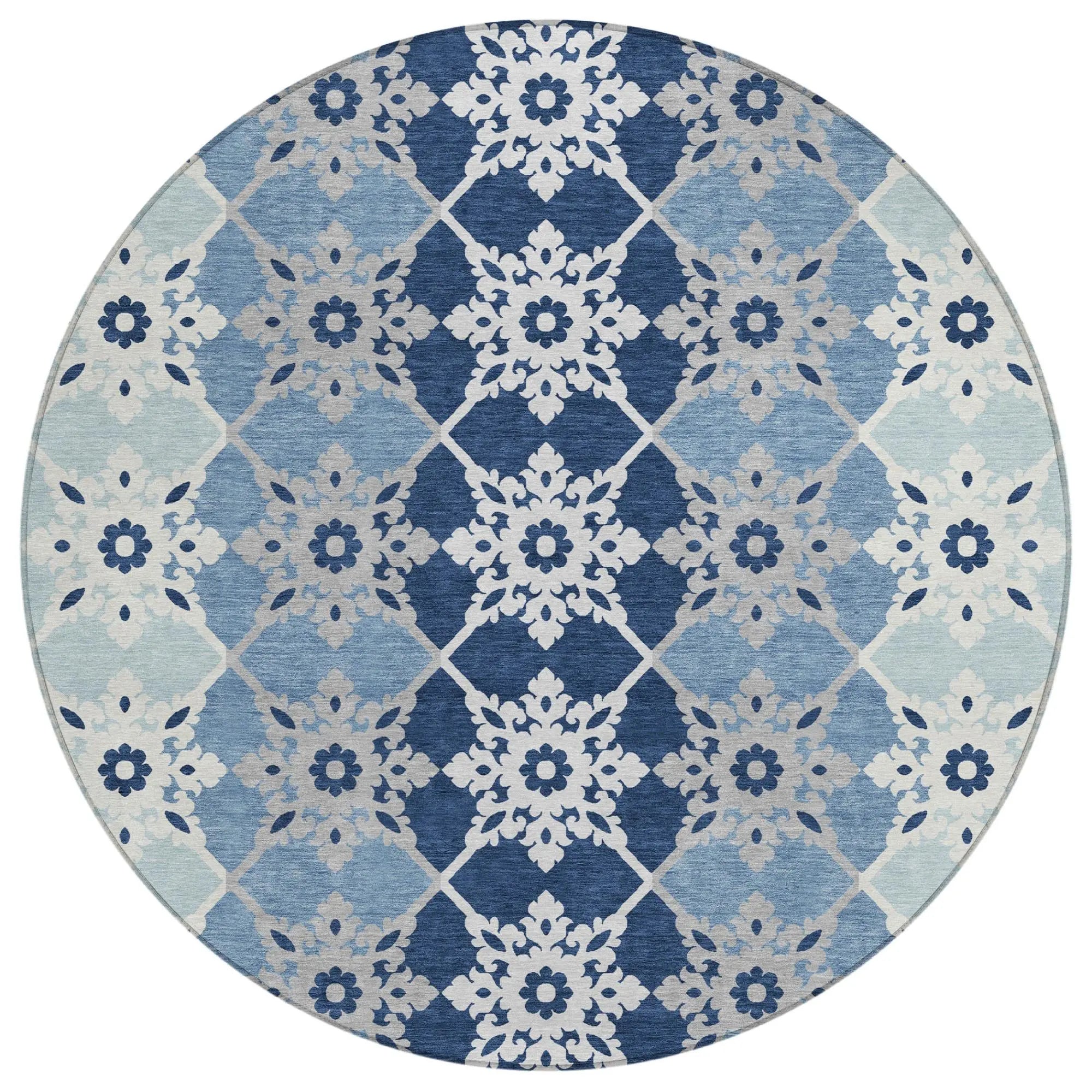8' Blue And Pewter Round Floral Medallion Washable Indoor Outdoor Area Rug Homeroots Outdoor