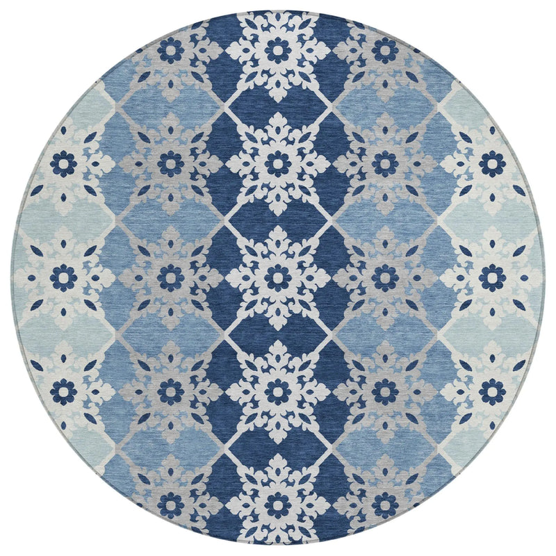 8' Blue And Pewter Round Floral Medallion Washable Indoor Outdoor Area Rug Homeroots Outdoor