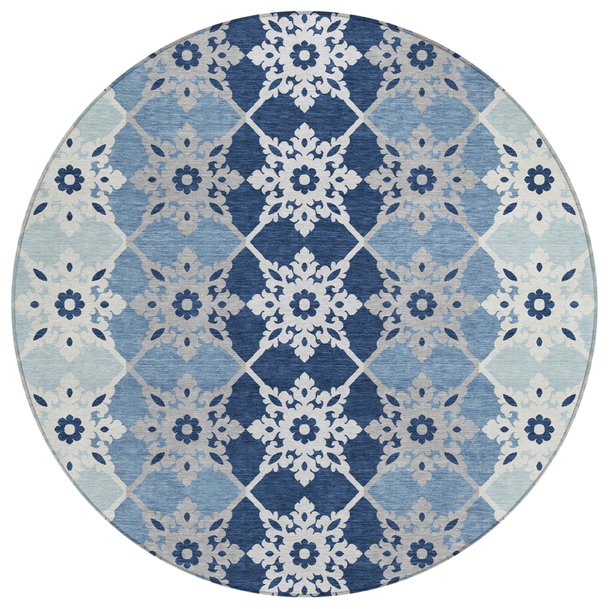 8' Blue And Pewter Round Floral Medallion Washable Indoor Outdoor Area Rug Homeroots Outdoor