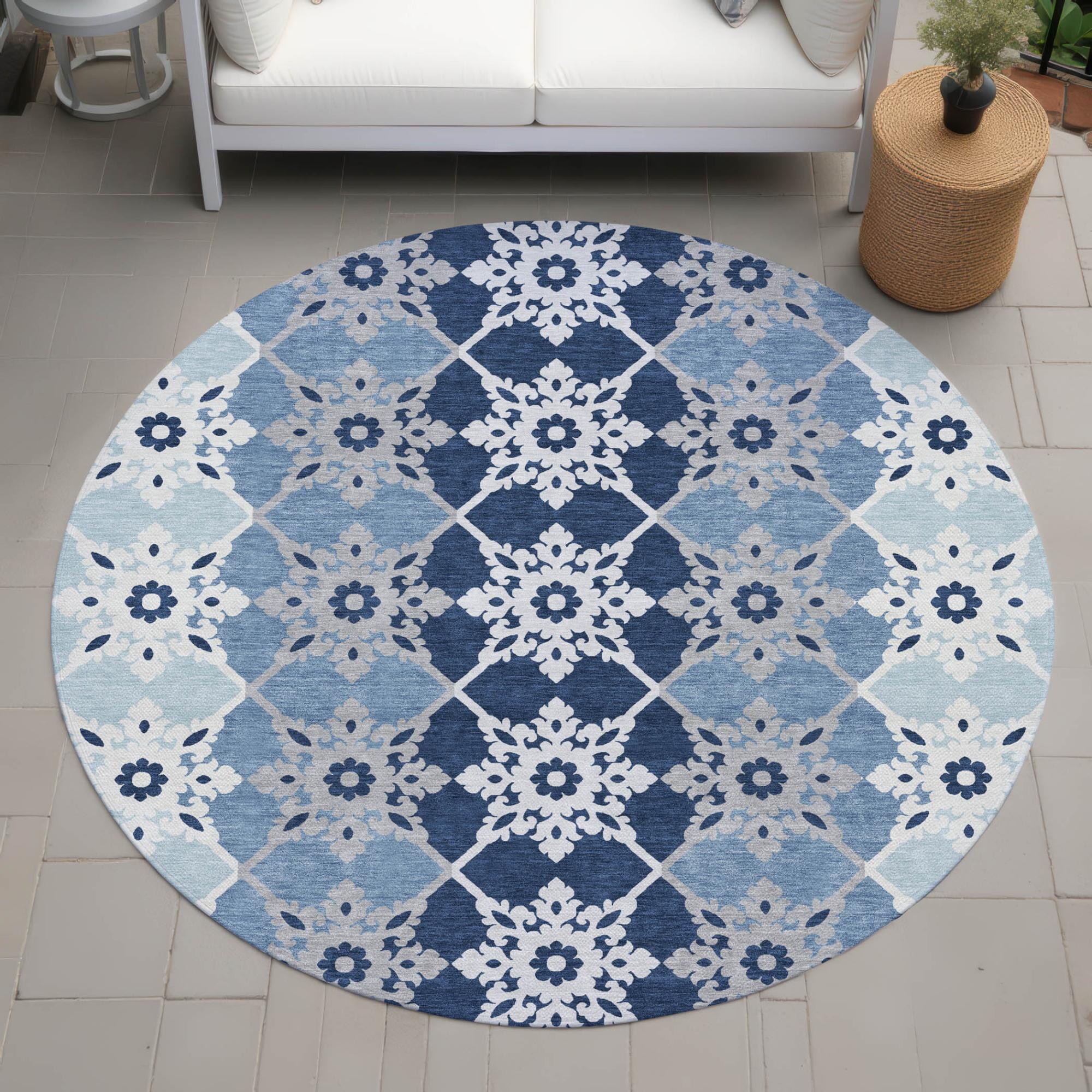 8' Blue And Pewter Round Floral Medallion Washable Indoor Outdoor Area Rug Homeroots Outdoor