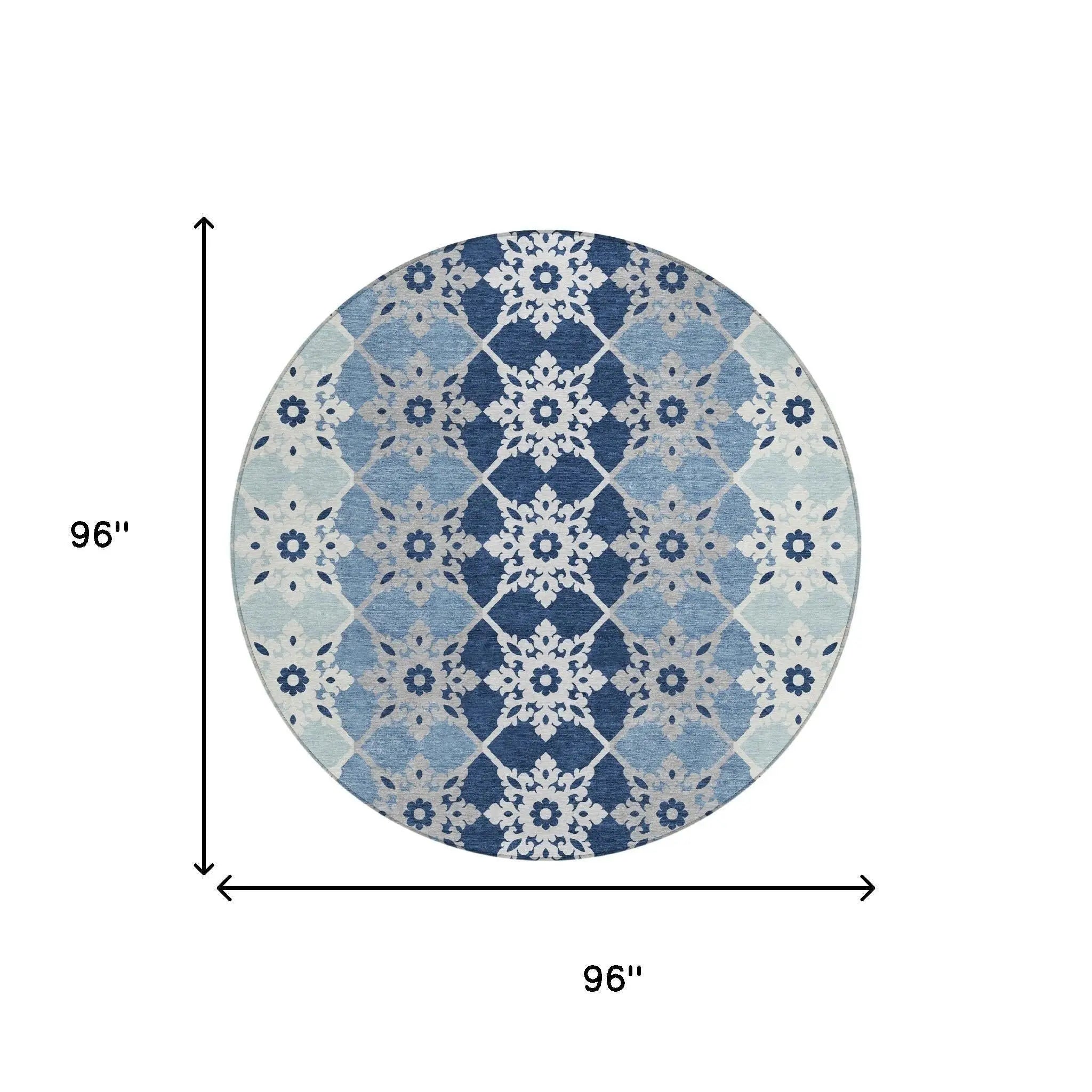 8' Blue And Pewter Round Floral Medallion Washable Indoor Outdoor Area Rug Homeroots Outdoor