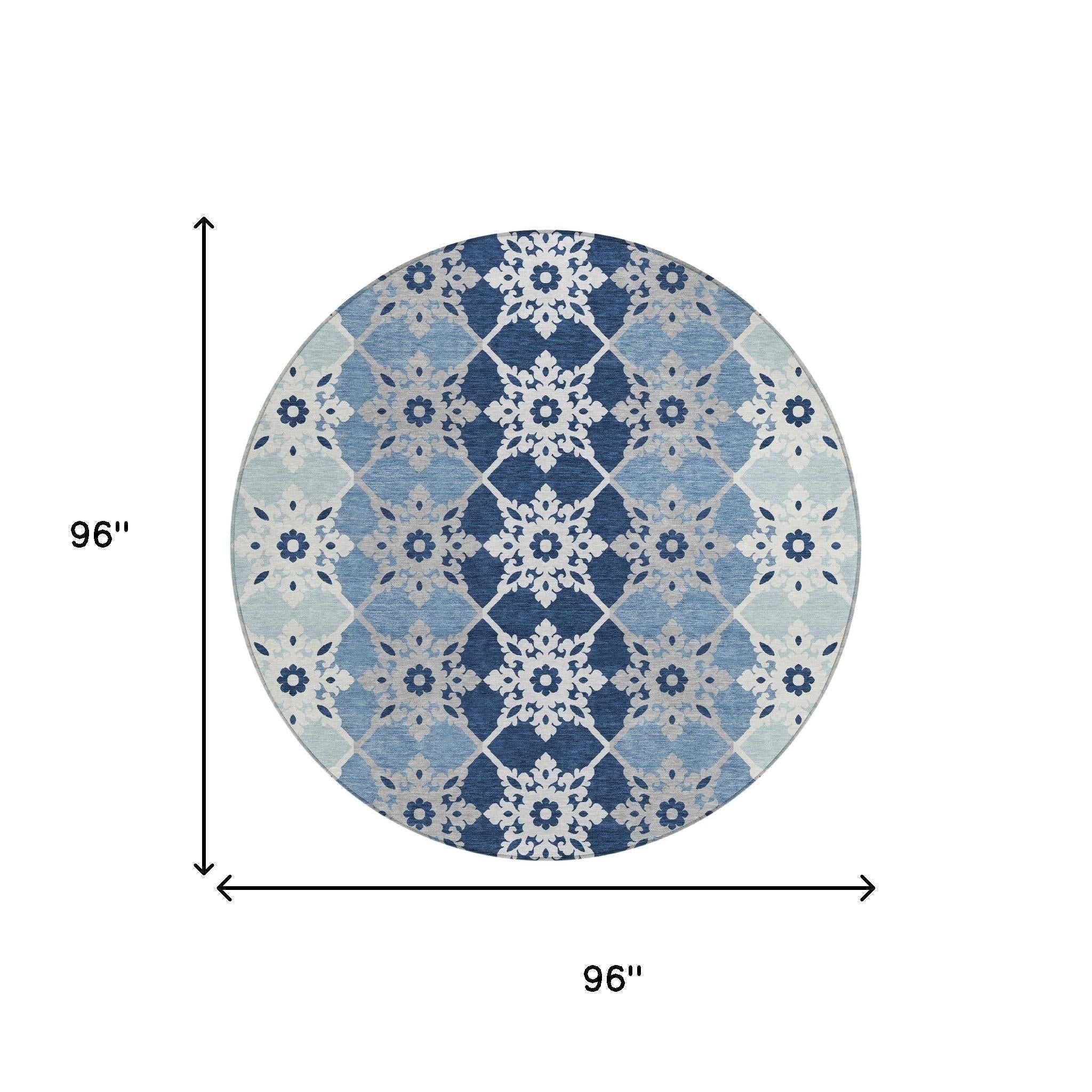 8' Blue And Pewter Round Floral Medallion Washable Indoor Outdoor Area Rug Homeroots Outdoor