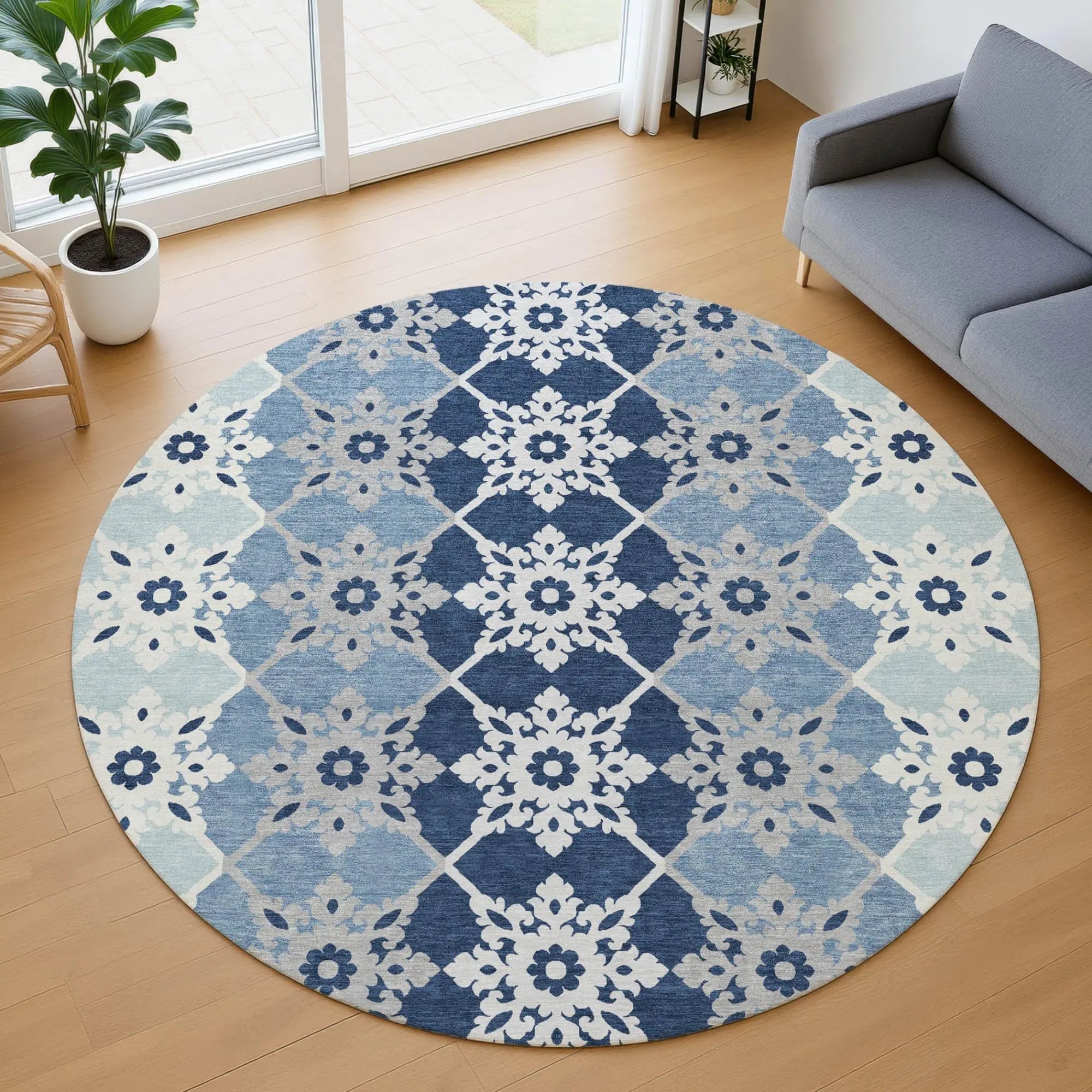 8' Blue And Pewter Round Floral Medallion Washable Indoor Outdoor Area Rug Homeroots Outdoor