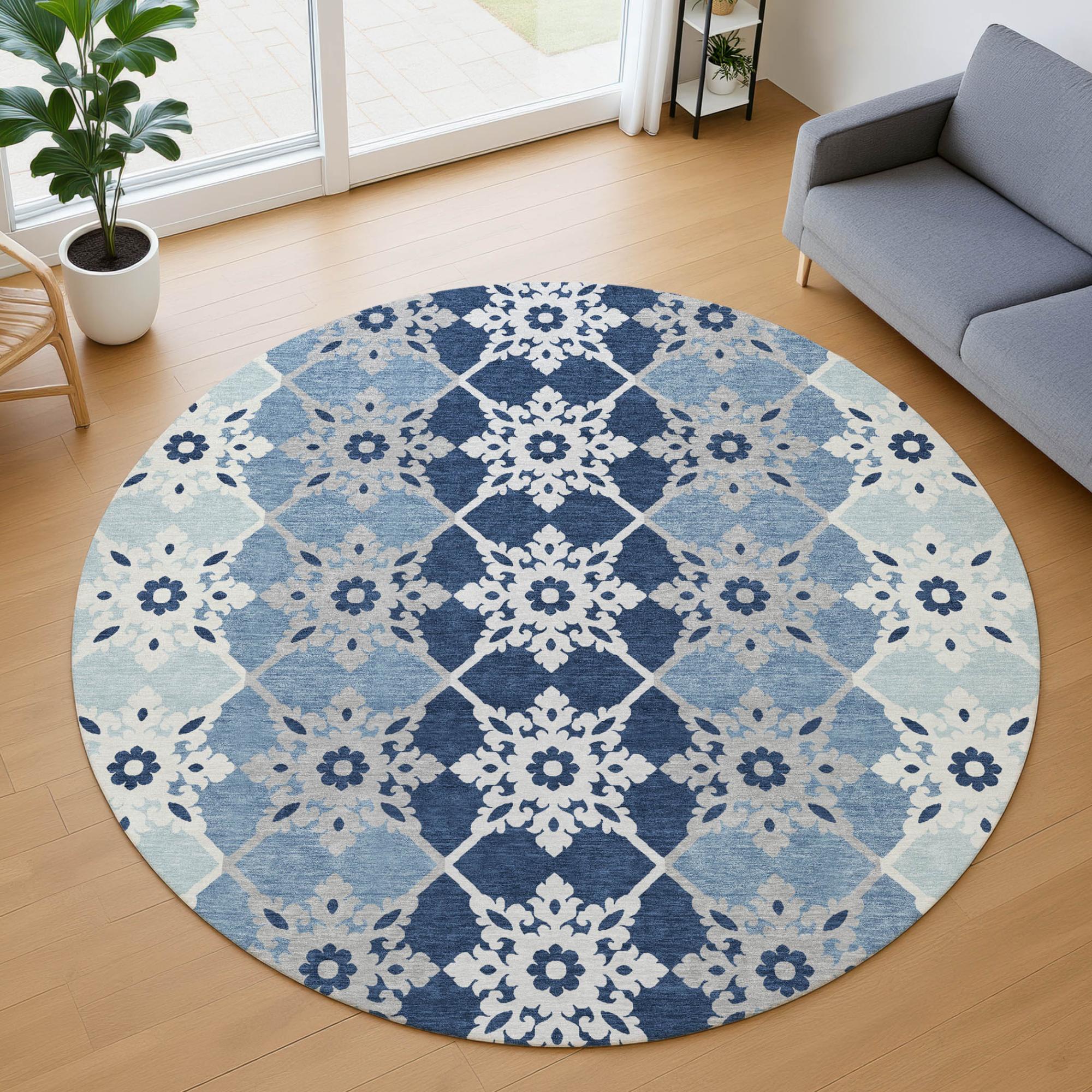 8' Blue And Pewter Round Floral Medallion Washable Indoor Outdoor Area Rug Homeroots Outdoor