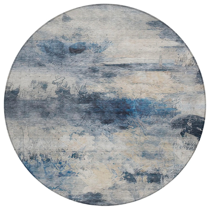 8' Blue And Silver Round Abstract Washable Indoor Outdoor Area Rug Homeroots Outdoor