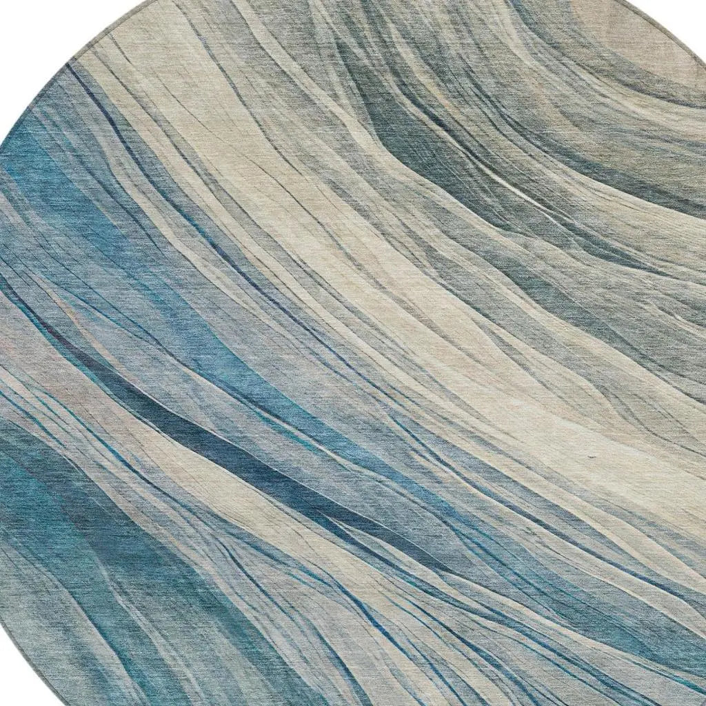 8' Blue And Silver Round Abstract Washable Indoor Outdoor Area Rug Homeroots Outdoor