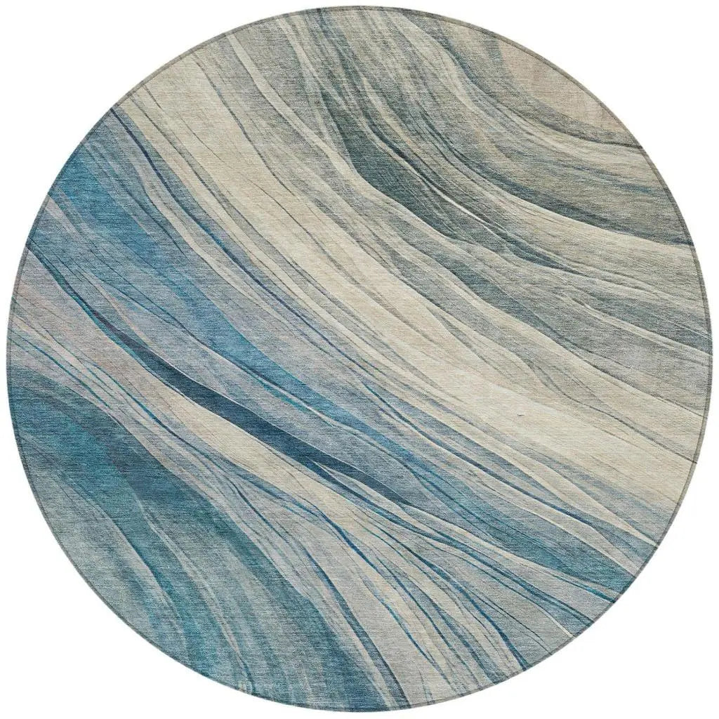 8' Blue And Silver Round Abstract Washable Indoor Outdoor Area Rug Homeroots Outdoor