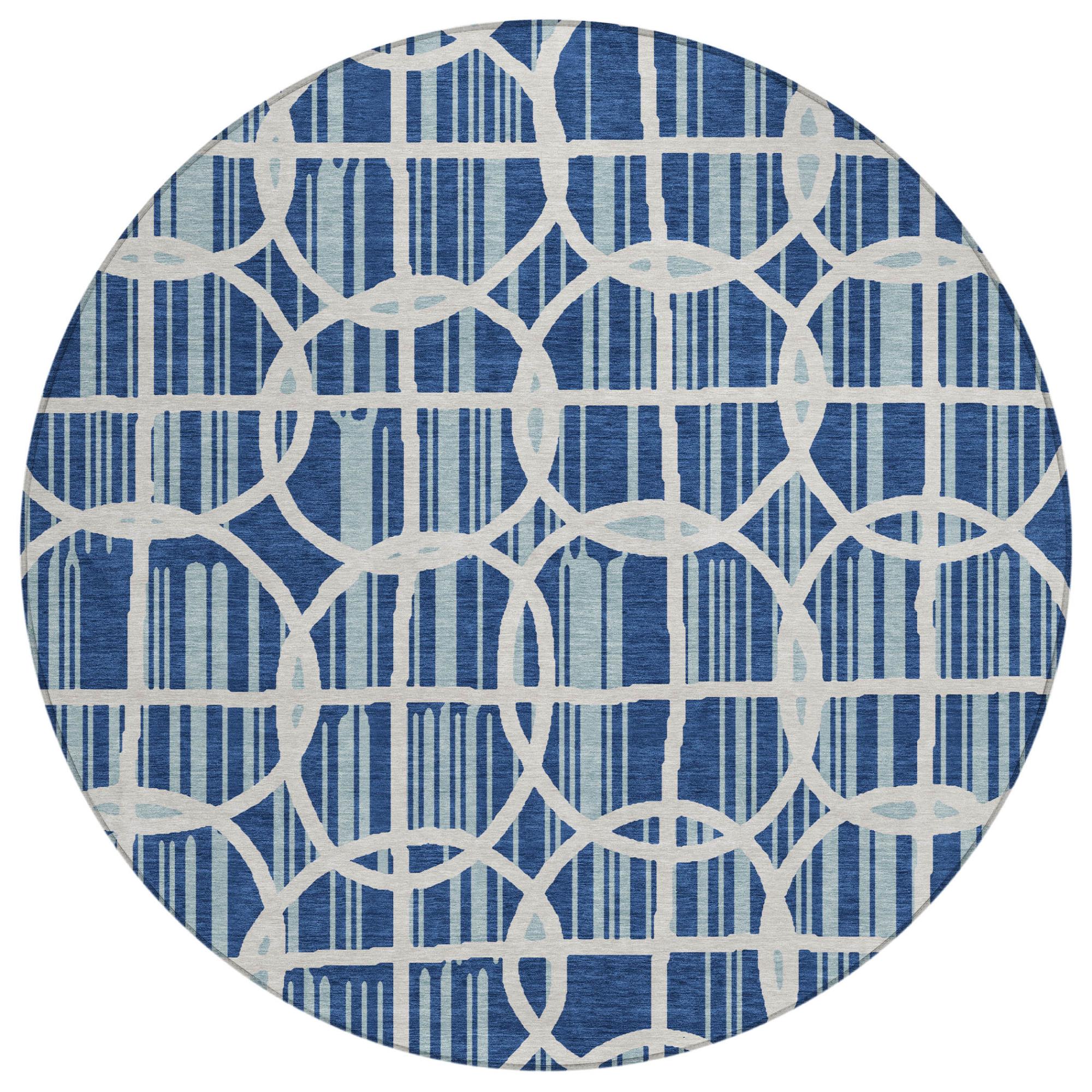 8' Blue And Silver Round Geometric Washable Indoor Outdoor Area Rug Homeroots Outdoor