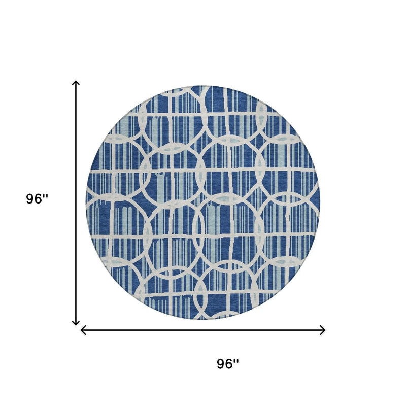 8' Blue And Silver Round Geometric Washable Indoor Outdoor Area Rug Homeroots Outdoor