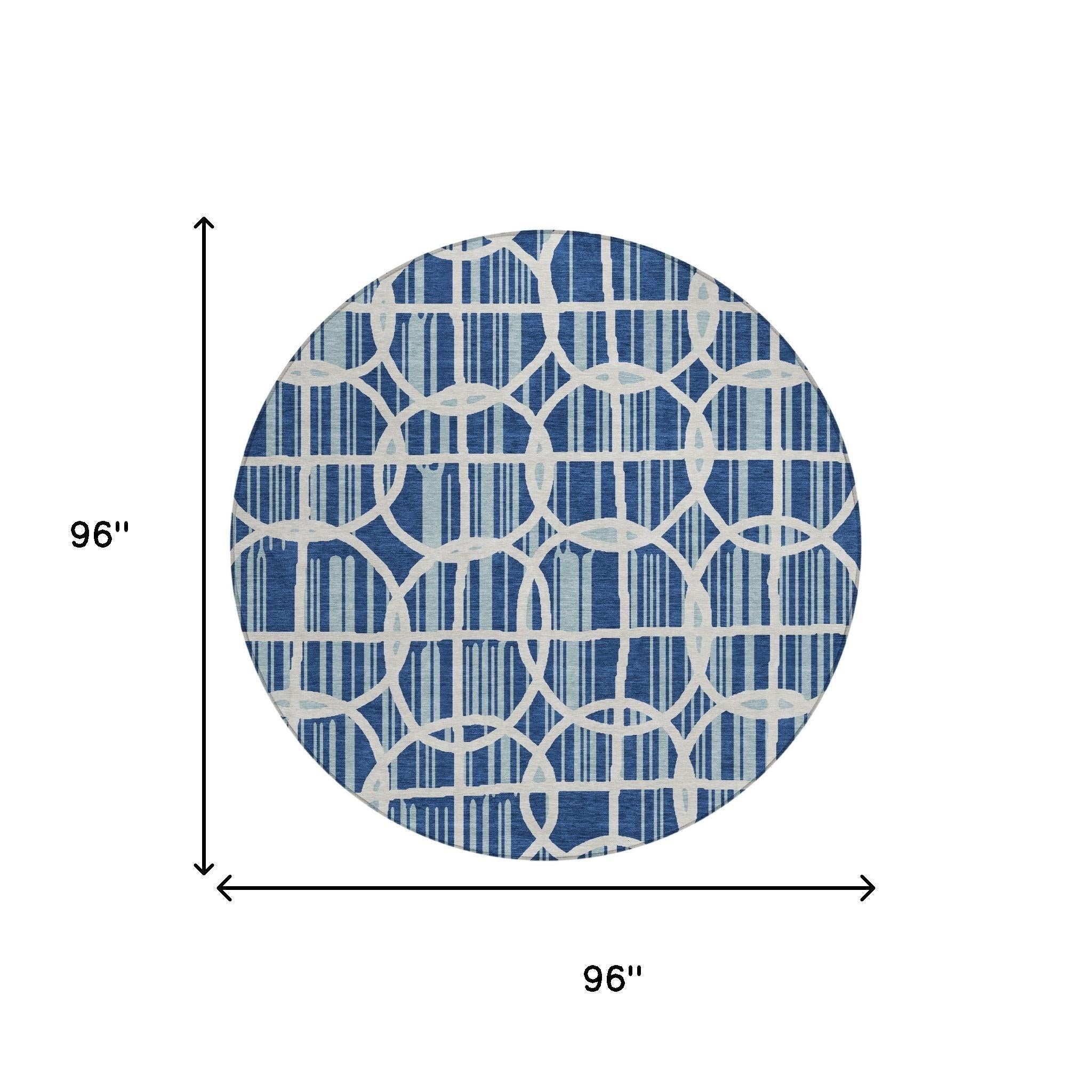 8' Blue And Silver Round Geometric Washable Indoor Outdoor Area Rug Homeroots Outdoor
