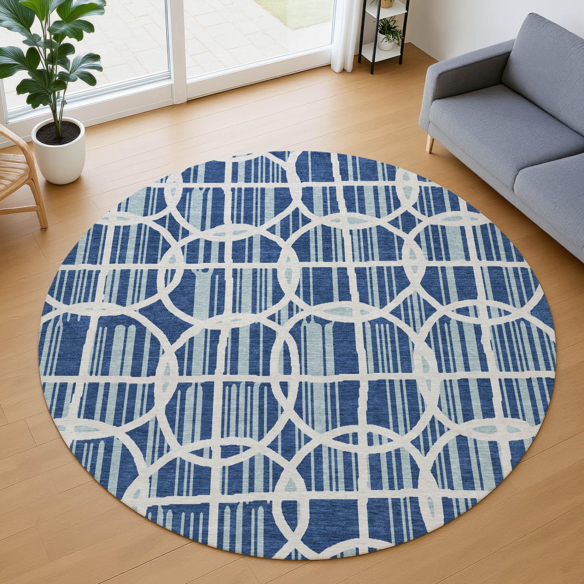 8' Blue And Silver Round Geometric Washable Indoor Outdoor Area Rug Homeroots Outdoor