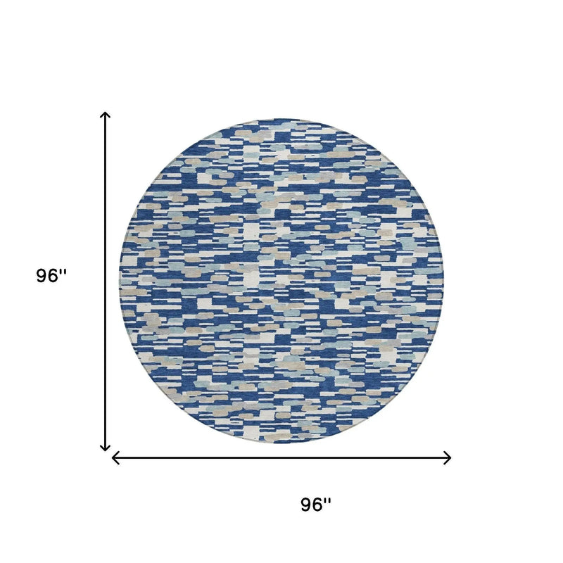 8' Blue And Silver Round Geometric Washable Indoor Outdoor Area Rug Homeroots Outdoor