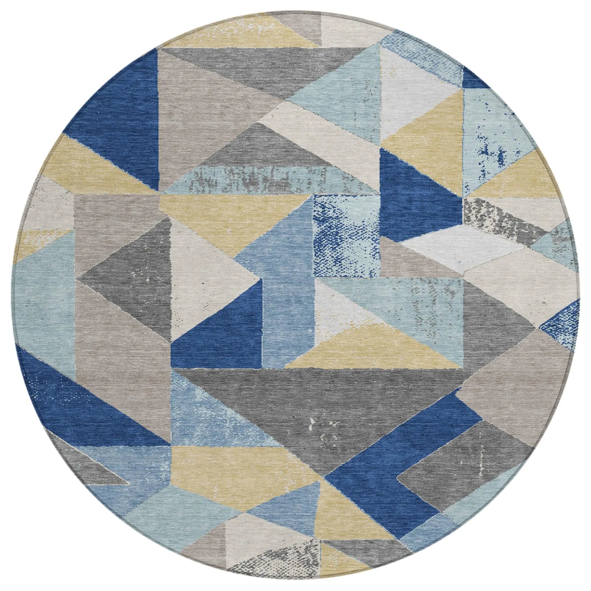 8' Blue And Silver Round Geometric Washable Indoor Outdoor Area Rug Homeroots Outdoor