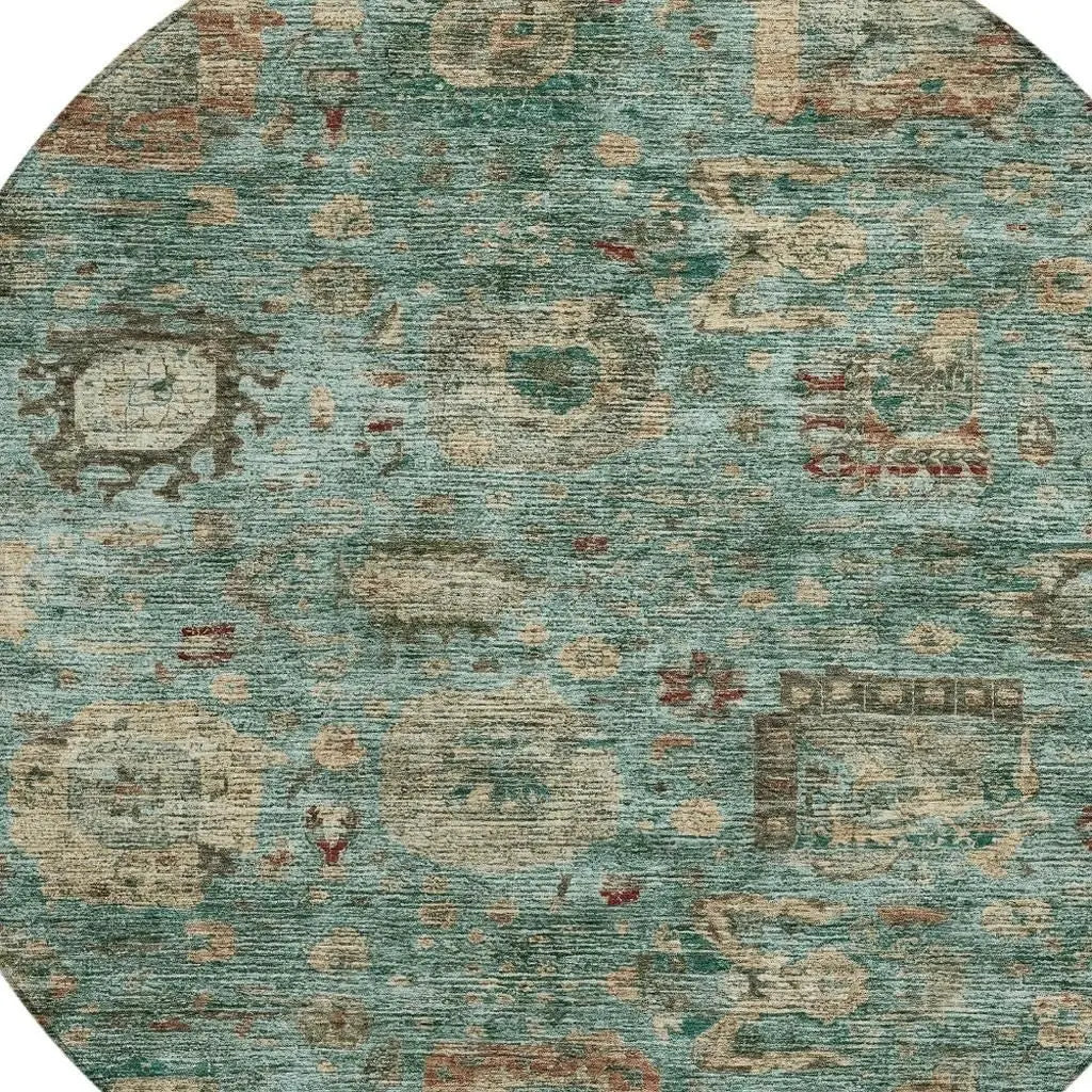 8' Blue And Teal Blue Round Abstract Washable Indoor Outdoor Area Rug Homeroots Outdoor