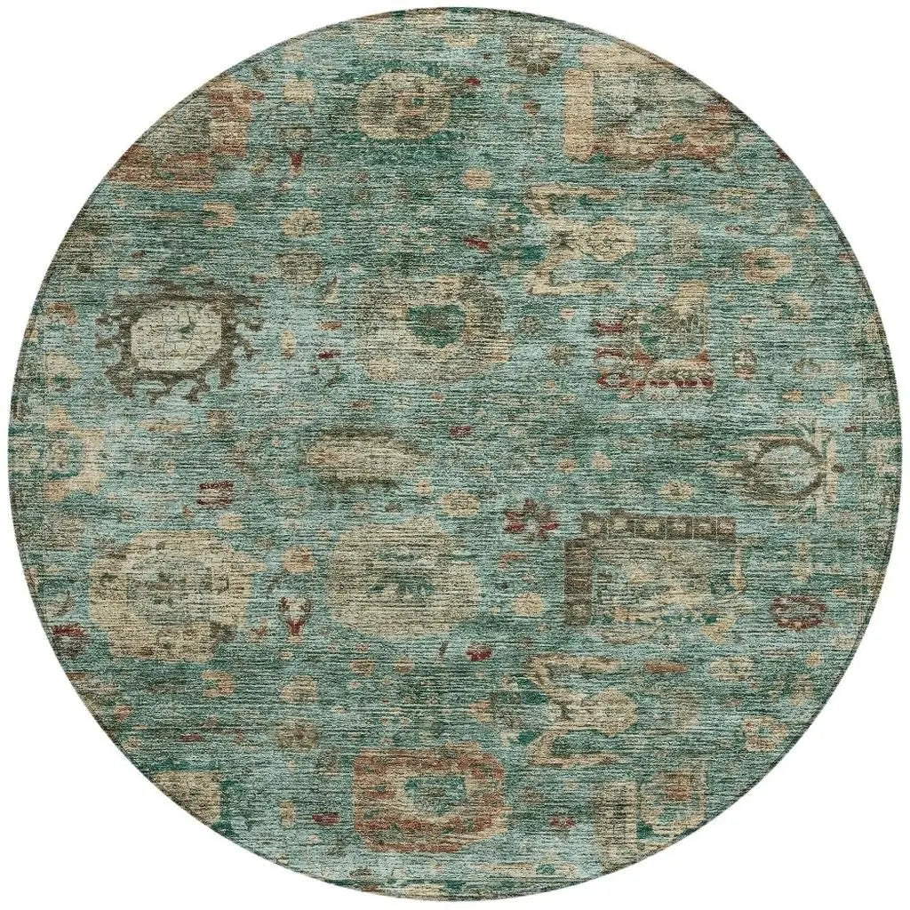 8' Blue And Teal Blue Round Abstract Washable Indoor Outdoor Area Rug Homeroots Outdoor