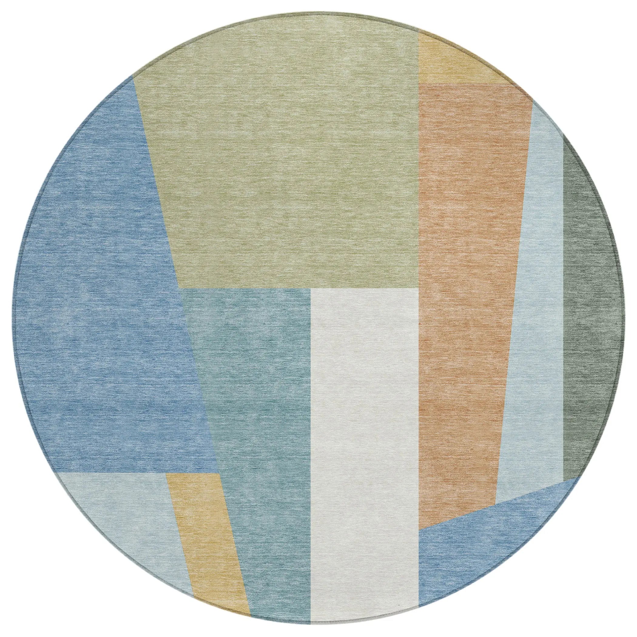 8' Blue And Teal Blue Round Geometric Washable Indoor Outdoor Area Rug Homeroots Outdoor