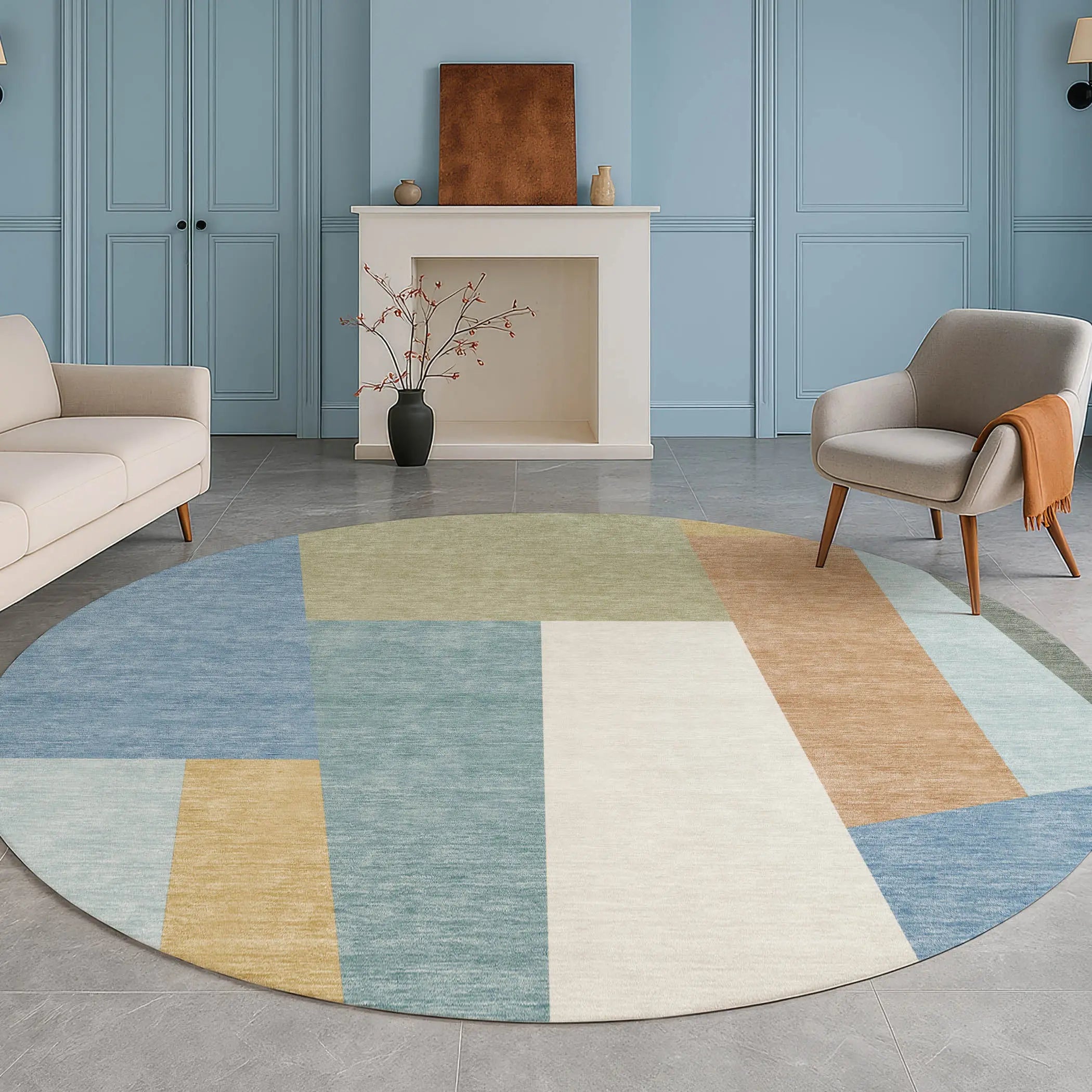 8' Blue And Teal Blue Round Geometric Washable Indoor Outdoor Area Rug Homeroots Outdoor