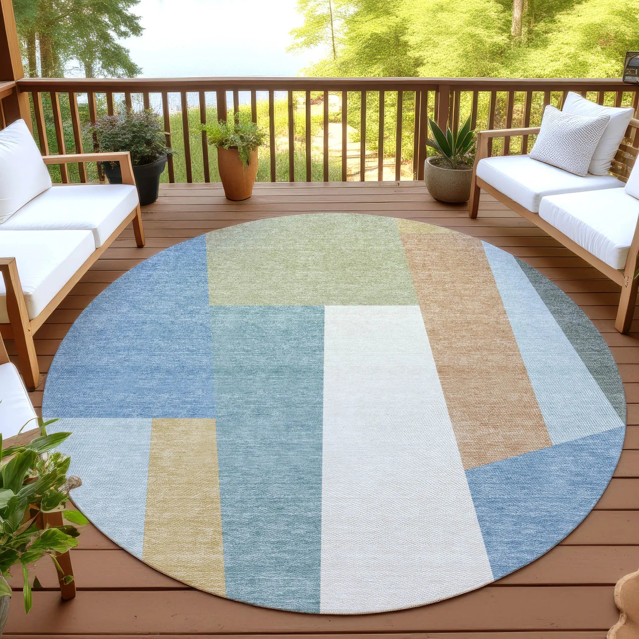 8' Blue And Teal Blue Round Geometric Washable Indoor Outdoor Area Rug Homeroots Outdoor