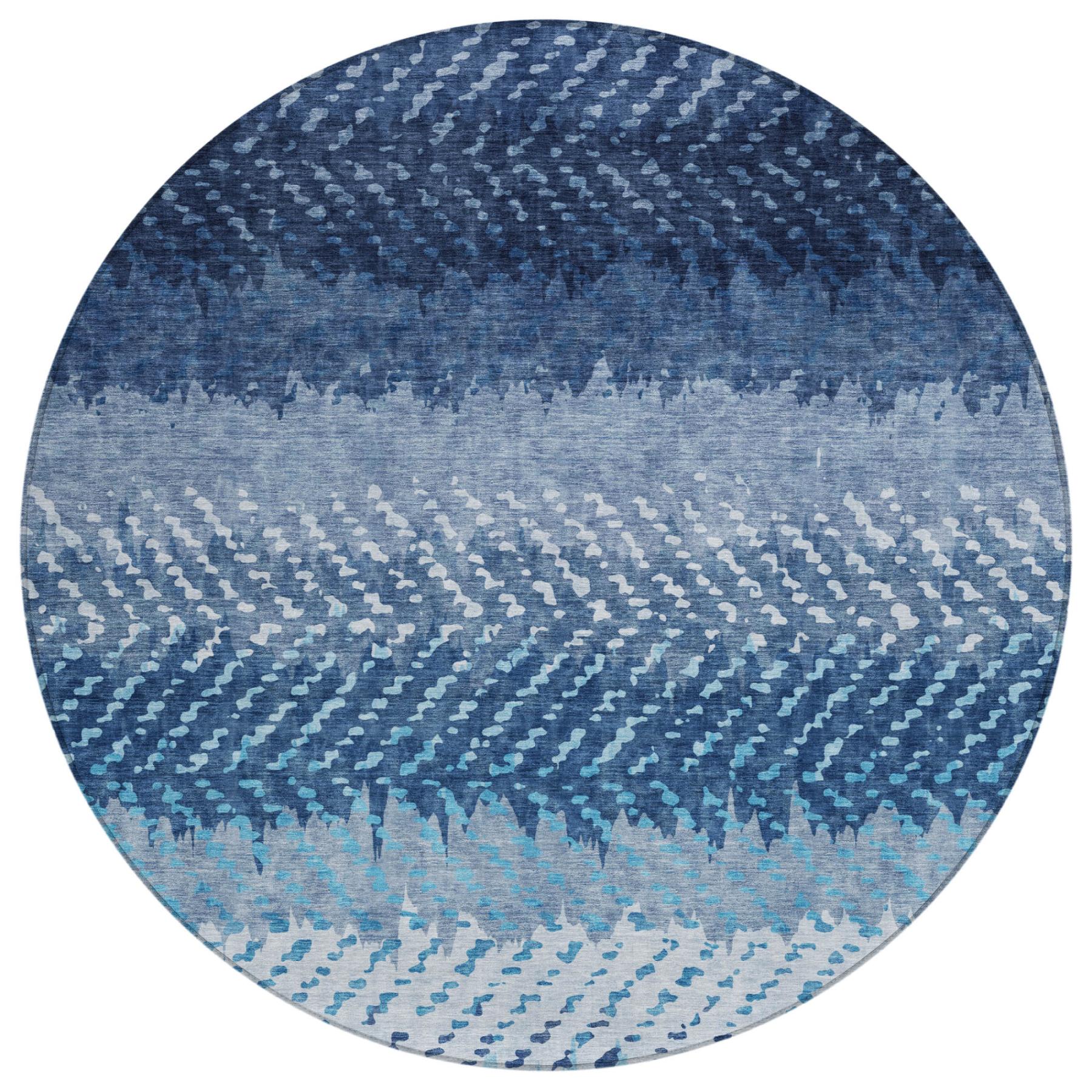 8' Blue And Teal Blue Round Striped Washable Indoor Outdoor Area Rug Homeroots Outdoor