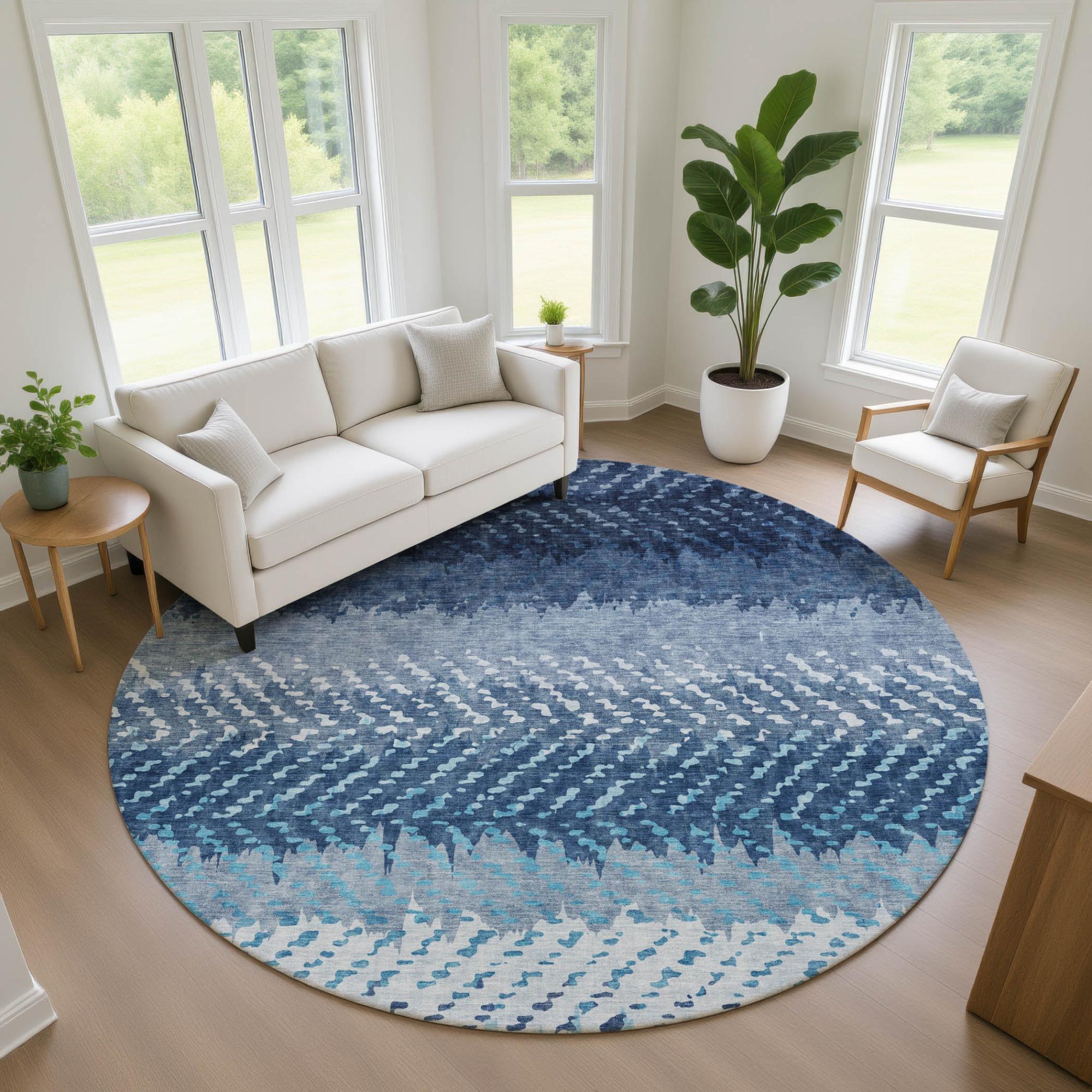 8' Blue And Teal Blue Round Striped Washable Indoor Outdoor Area Rug Homeroots Outdoor