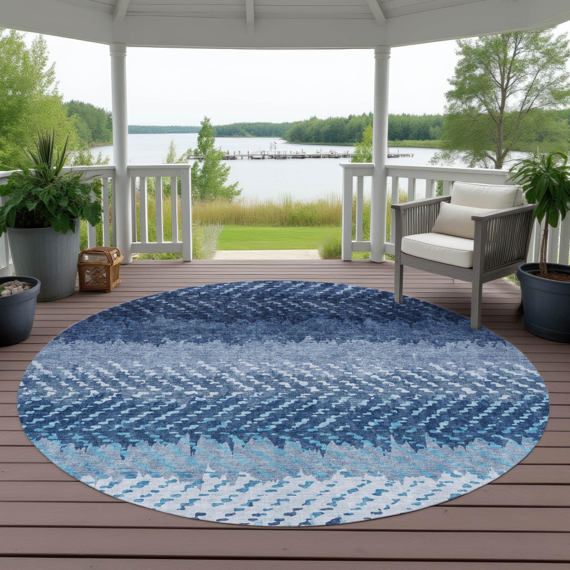 8' Blue And Teal Blue Round Striped Washable Indoor Outdoor Area Rug Homeroots Outdoor
