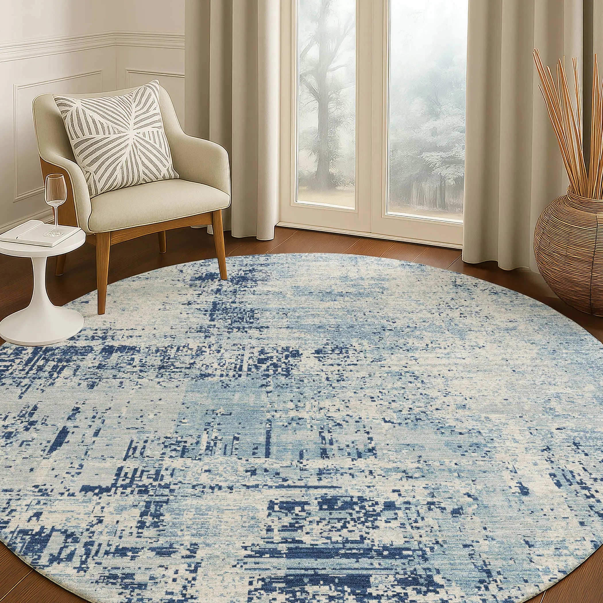8' Blue And Wheat Round Abstract Washable Indoor Outdoor Area Rug Homeroots Outdoor