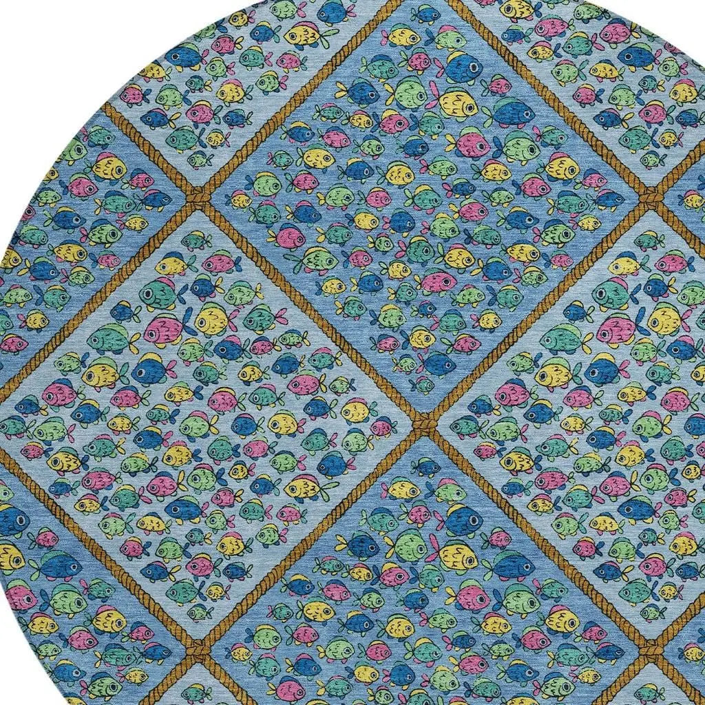 8' Blue And Yellow Round Abstract Washable Indoor Outdoor Area Rug Homeroots Outdoor