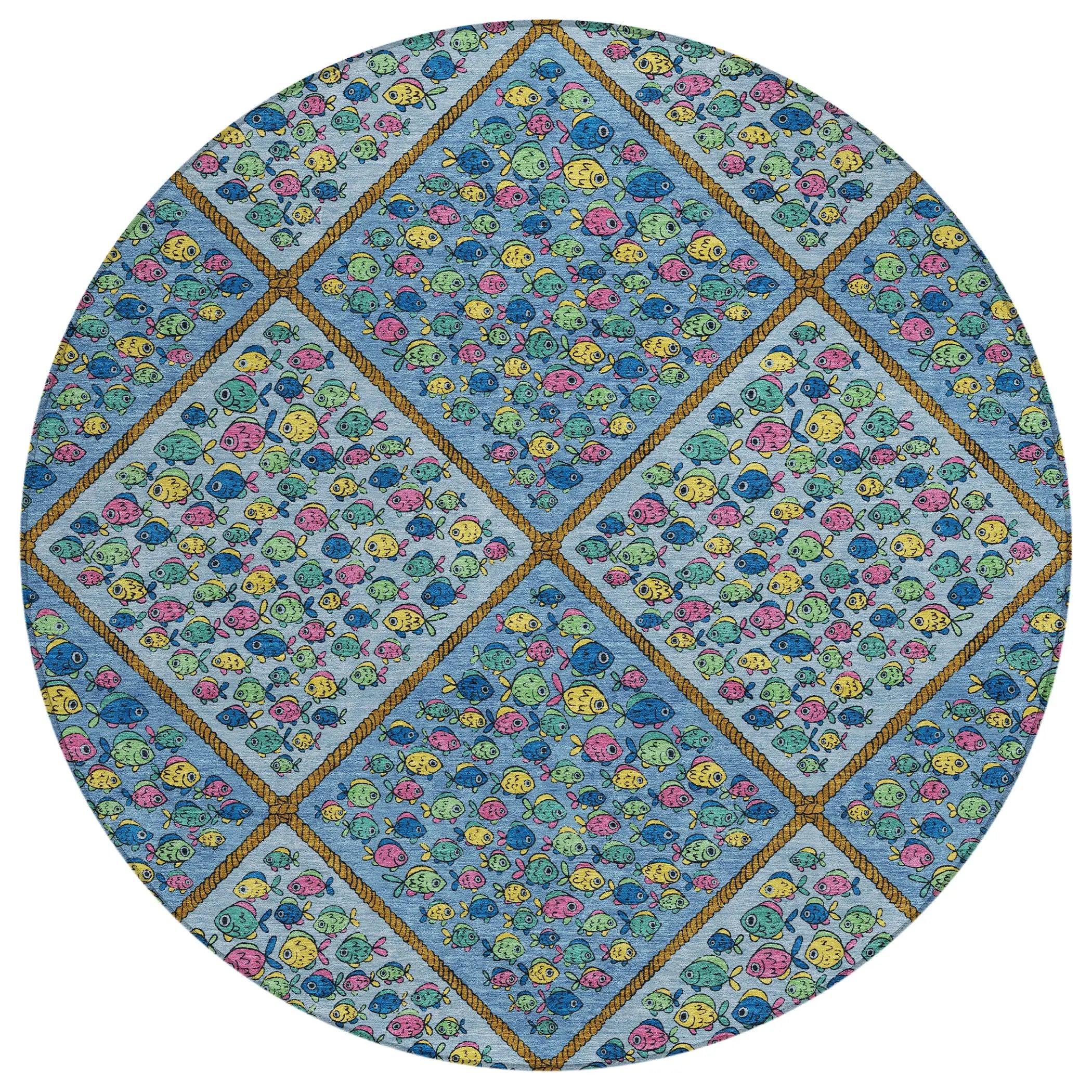8' Blue And Yellow Round Abstract Washable Indoor Outdoor Area Rug Homeroots Outdoor