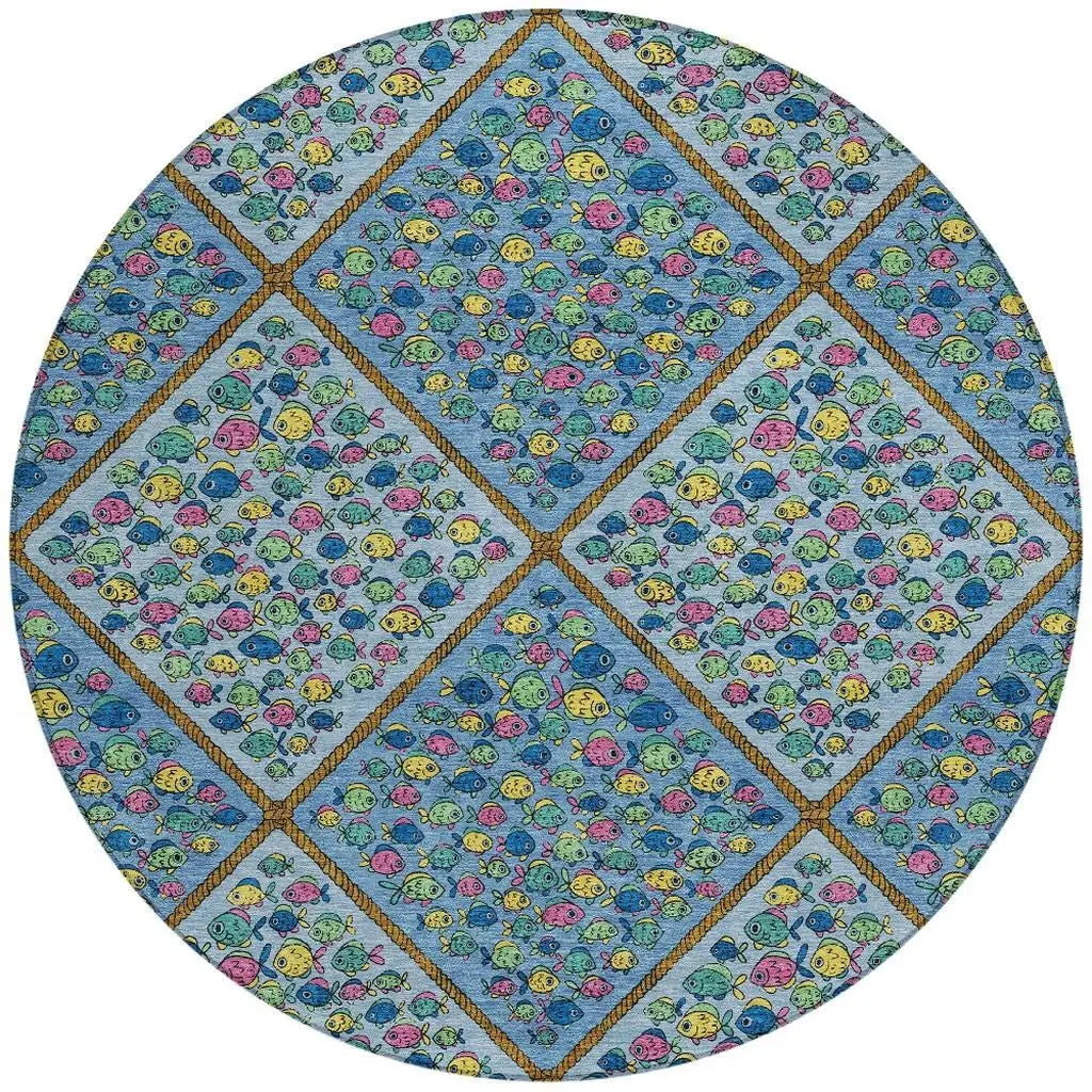 8' Blue And Yellow Round Abstract Washable Indoor Outdoor Area Rug Homeroots Outdoor