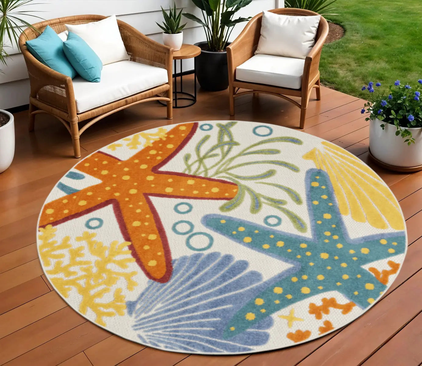 8' Blue Yellow And Orange Round Starfish Indoor Outdoor Area Rug Homeroots Outdoor
