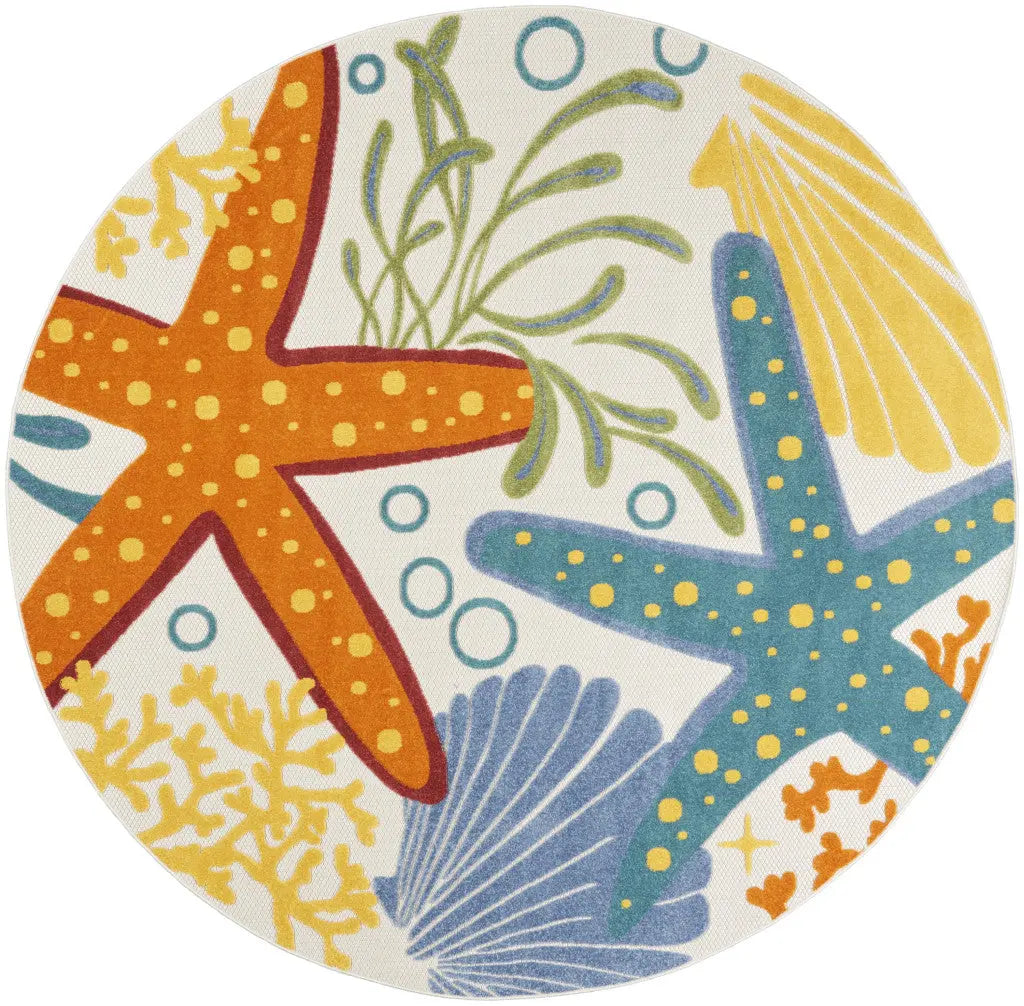 8' Blue Yellow And Orange Round Starfish Indoor Outdoor Area Rug Homeroots Outdoor