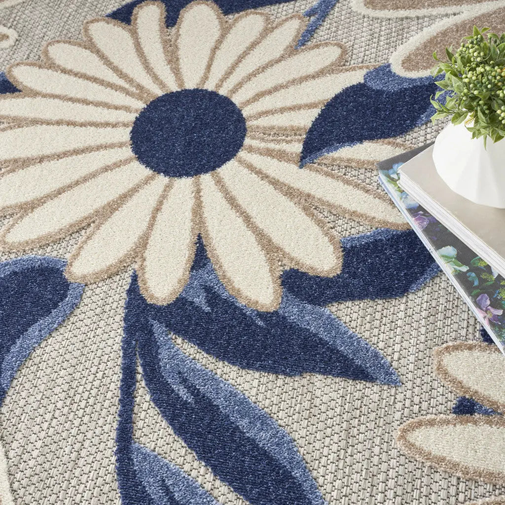 8' Blue and Gray Round Floral Indoor Outdoor Area Rug Homeroots Outdoor