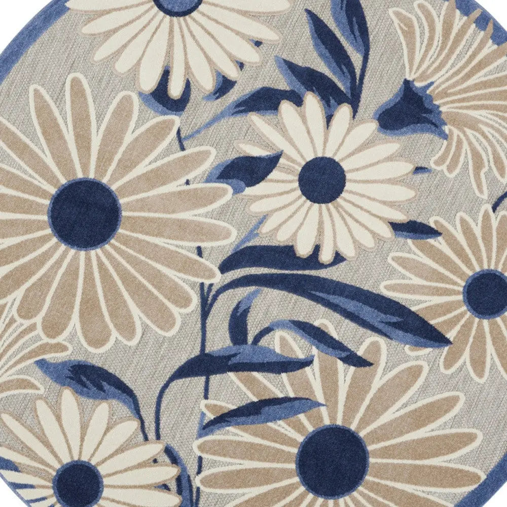 8' Blue and Gray Round Floral Indoor Outdoor Area Rug Homeroots Outdoor