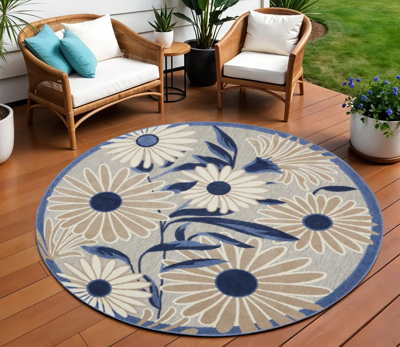 8' Blue and Gray Round Floral Indoor Outdoor Area Rug Homeroots Outdoor