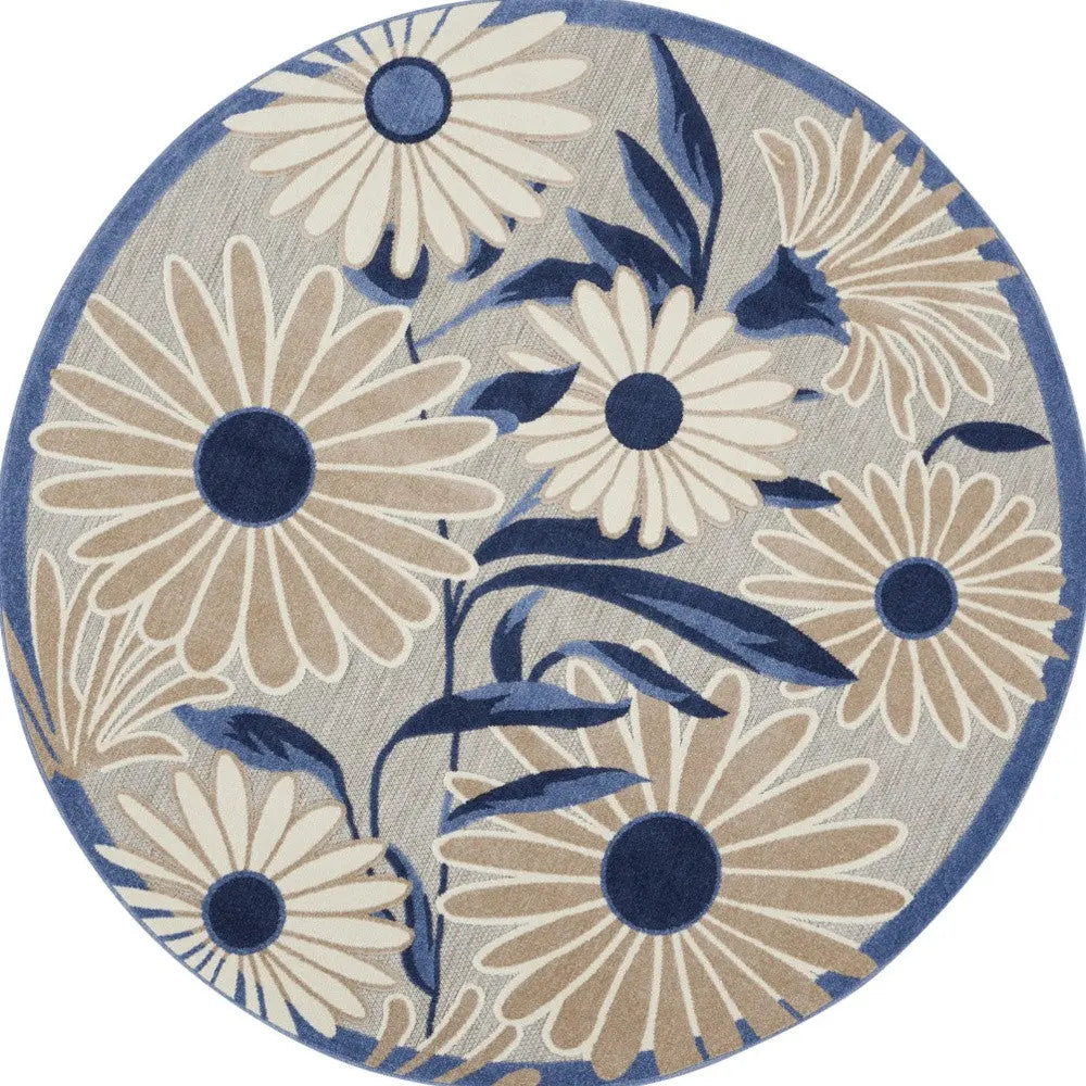8' Blue and Gray Round Floral Indoor Outdoor Area Rug Homeroots Outdoor