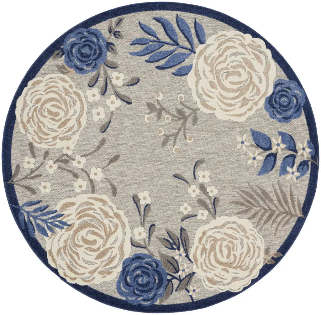 8' Blue and Gray Round Floral Indoor Outdoor Area Rug Homeroots Outdoor