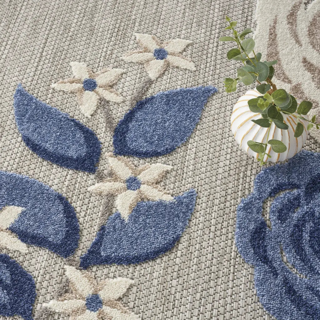 8' Blue and Gray Round Floral Indoor Outdoor Area Rug Homeroots Outdoor
